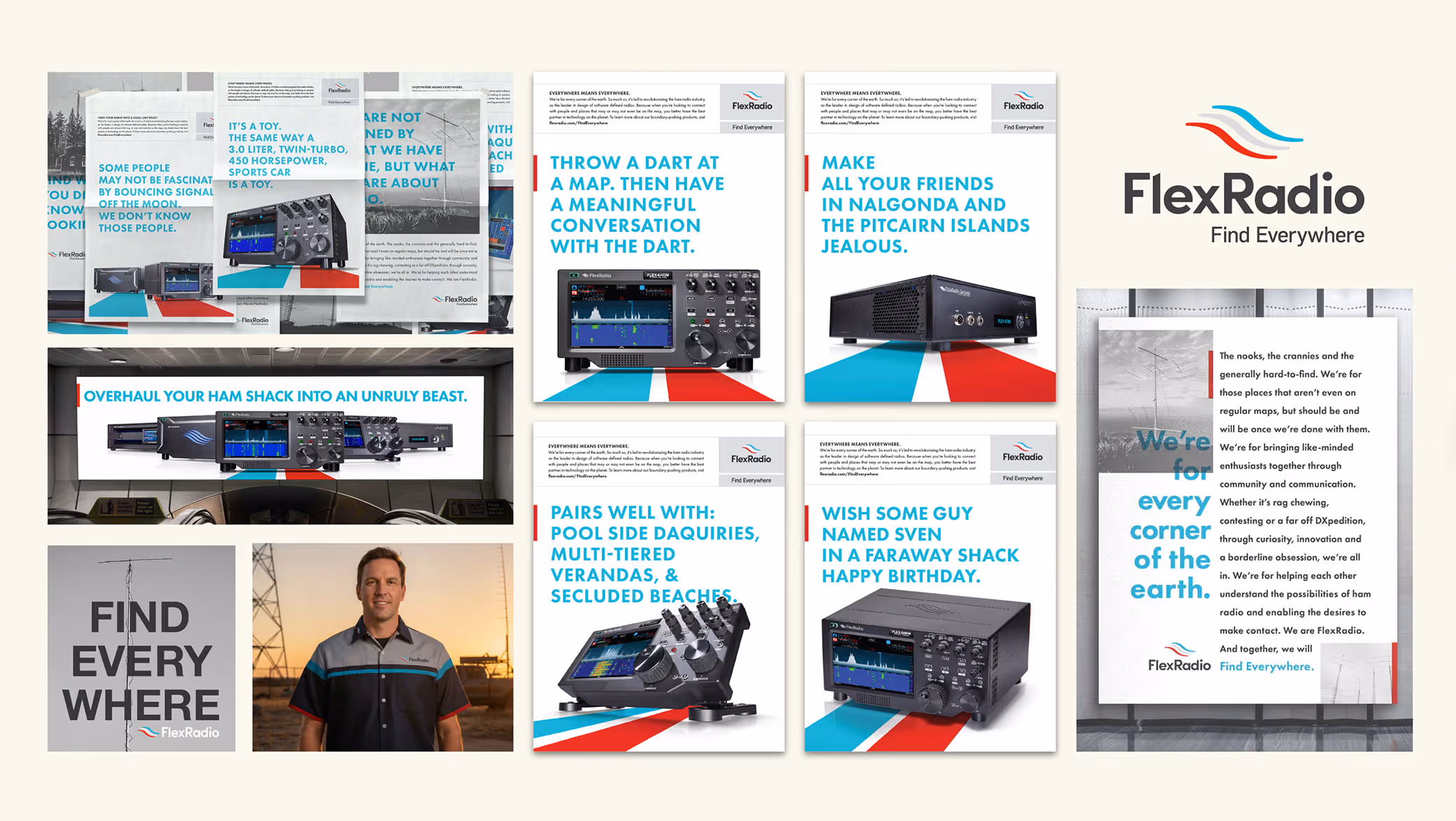 Collage of FlexRadio advertisements showcasing various radio equipment models and slogans emphasizing ham radio enthusiasm and connectivity everywhere.