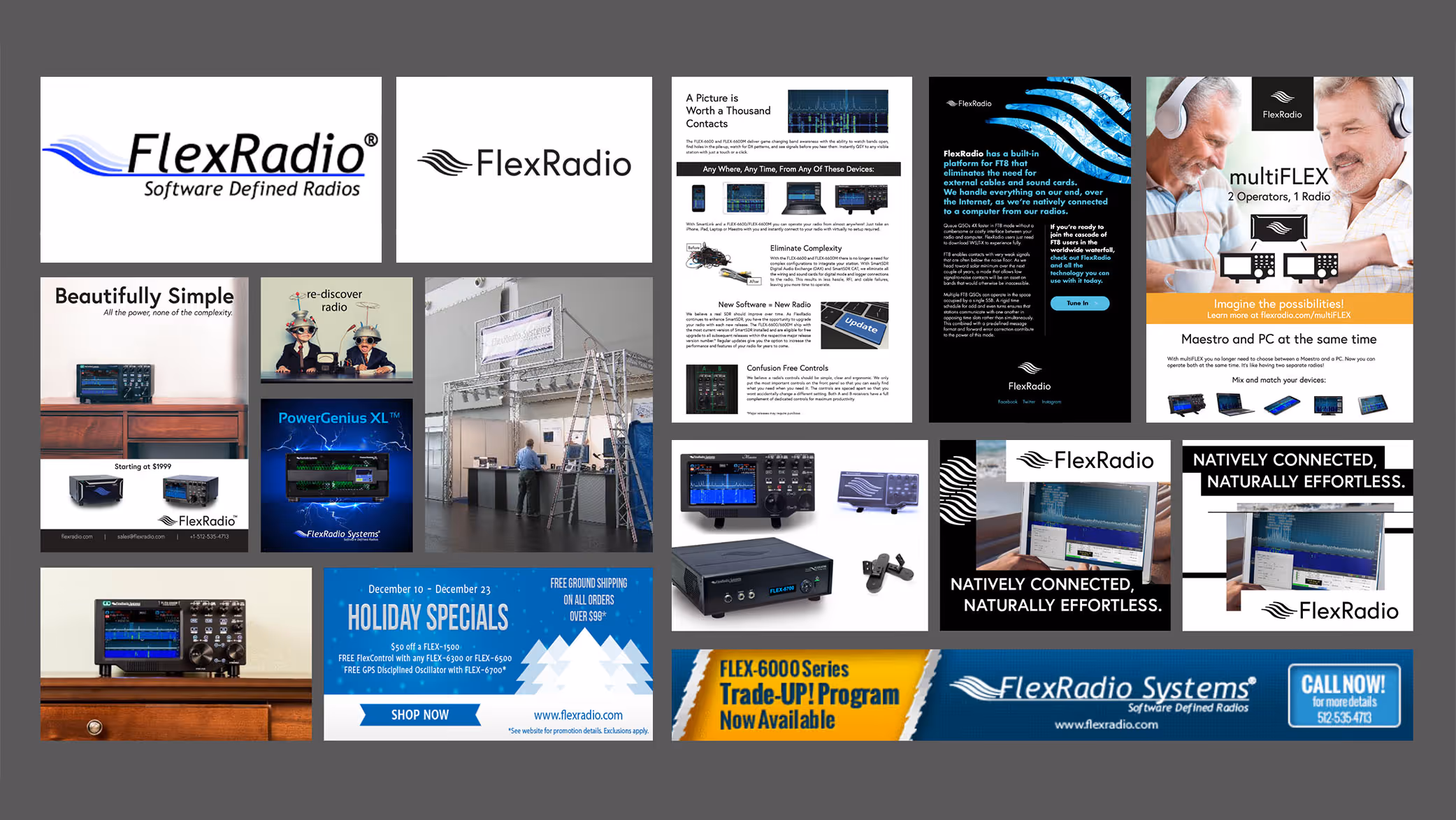 Collage of FlexRadio advertisements showing logos, radio equipment, holiday specials, trade-up programs, and images of operators using FlexRadio devices.