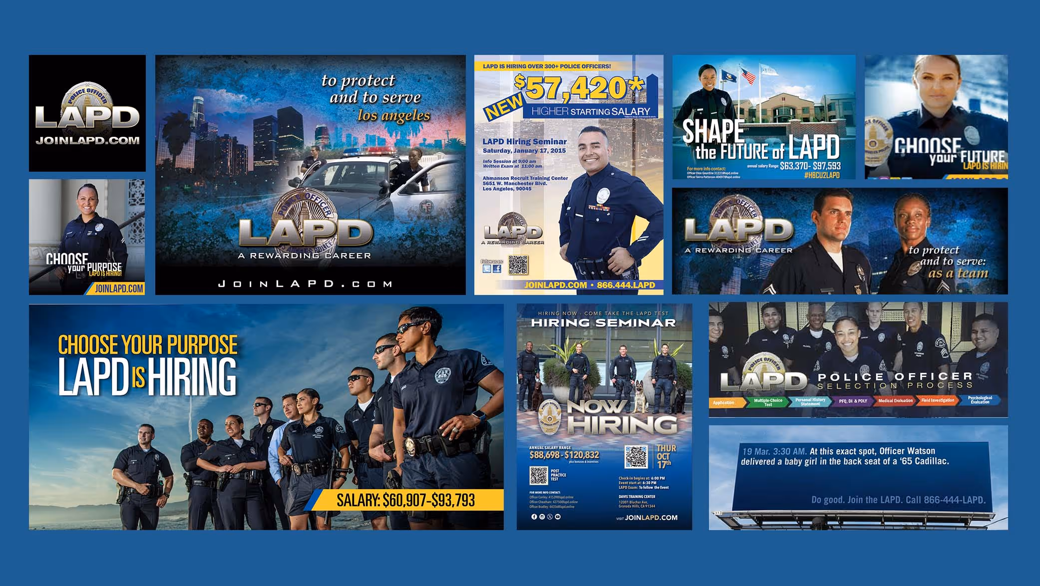 Collage of LAPD recruitment posters featuring diverse officers, hiring seminar details, salary info, and slogans like 'Choose your purpose' and 'Shape the future of LAPD.'