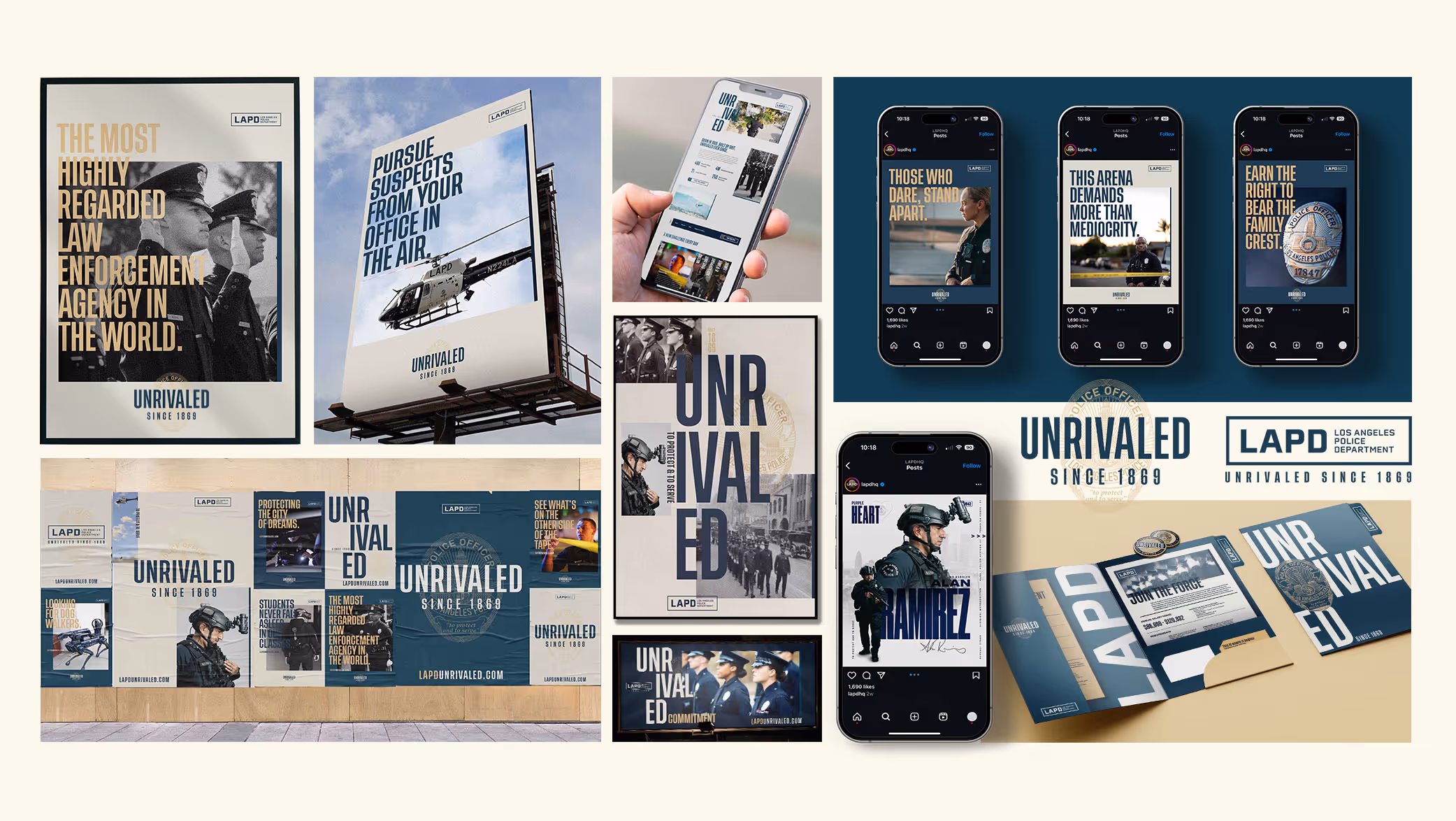 Collage showcasing various LAPD recruitment campaign materials including posters, billboards, social media posts, and brochures with slogans emphasizing the agency's prestige, dedication, and opportunities since 1869.