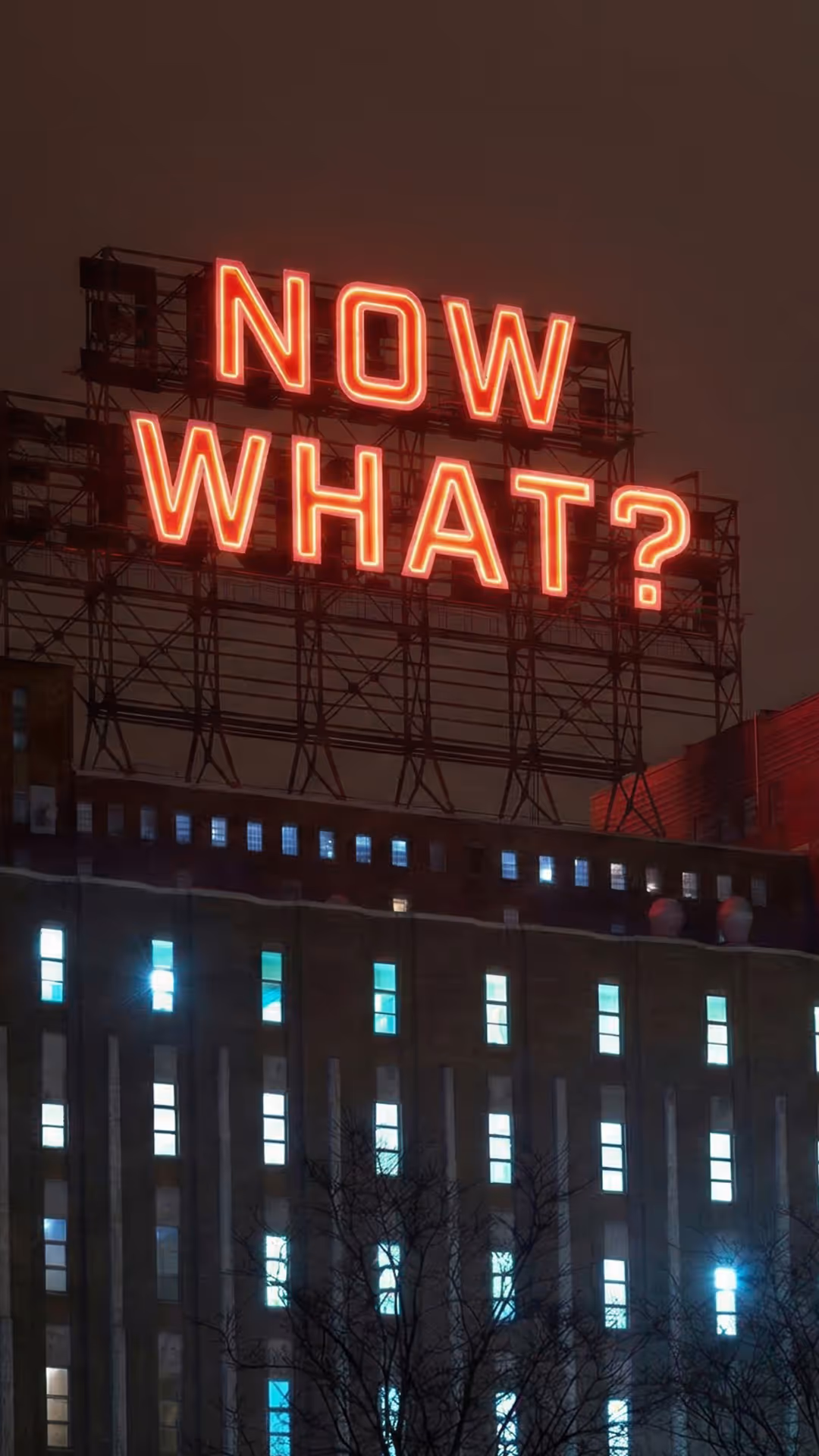 Red neon sign reading 'NOW WHAT?' above a lit office building at night.