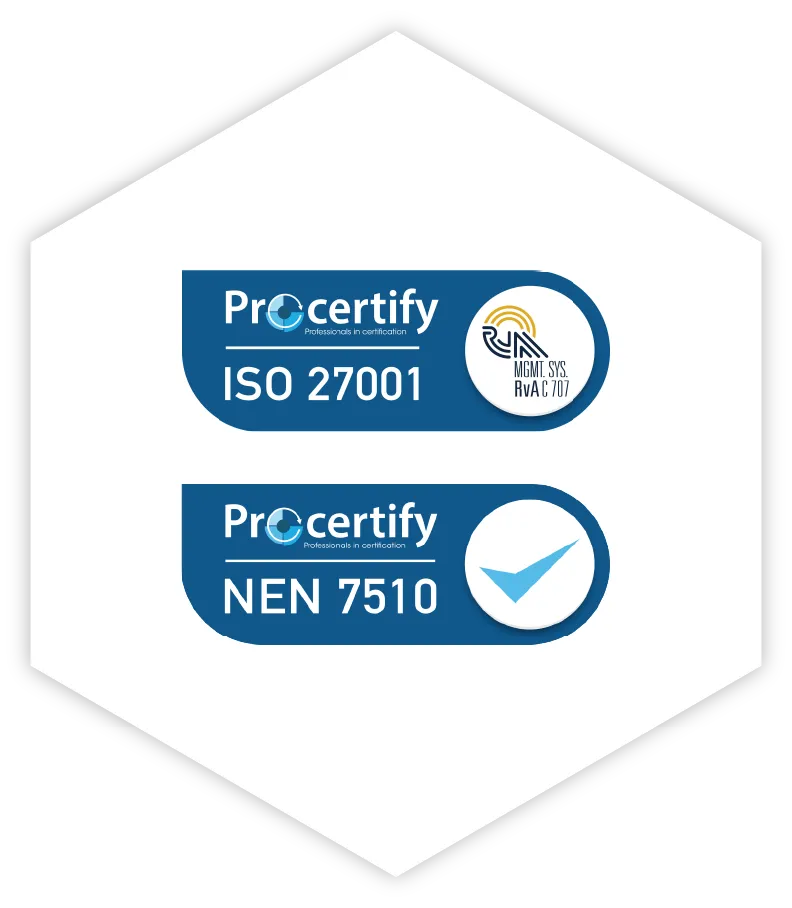 Afbeelding met ISO 27001 en NEN 7510 logo's.