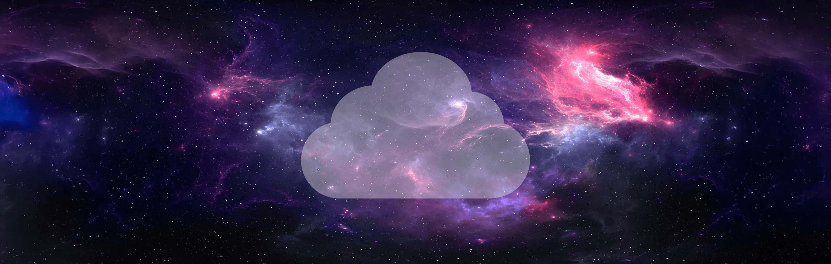 Een wolkicoon dat over een kleurrijke ruimtenevel met sterren en kosmisch stof in paarse en roze tinten is geplaatst.