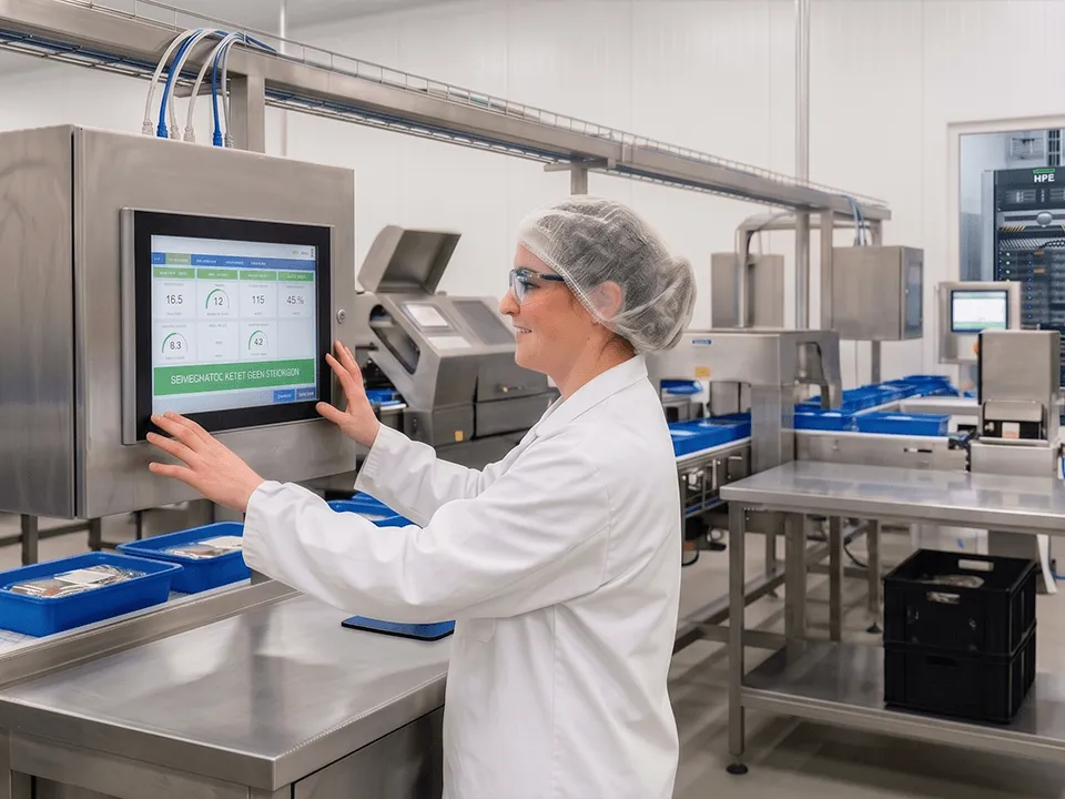 Vrouw met haarnetje en laboratoriumjas bedient een touchscreen in een voedselverwerkingsbedrijf met blauwe dienbladen.