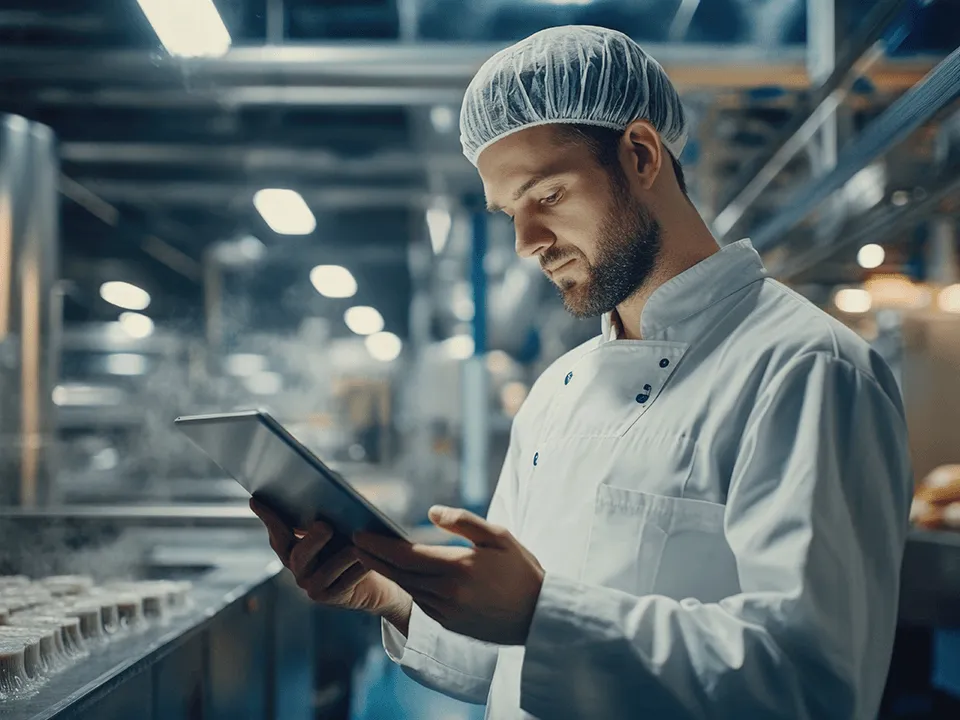 Een man in een witte jas en met een haarnetje controleert een tablet in een voedselverwerkingsfabriek.