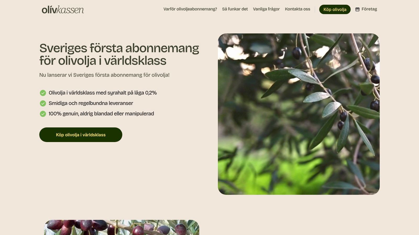 Skärmbild av Olivkassens webbplats som visar deras olivoljeprodukt och varumärke