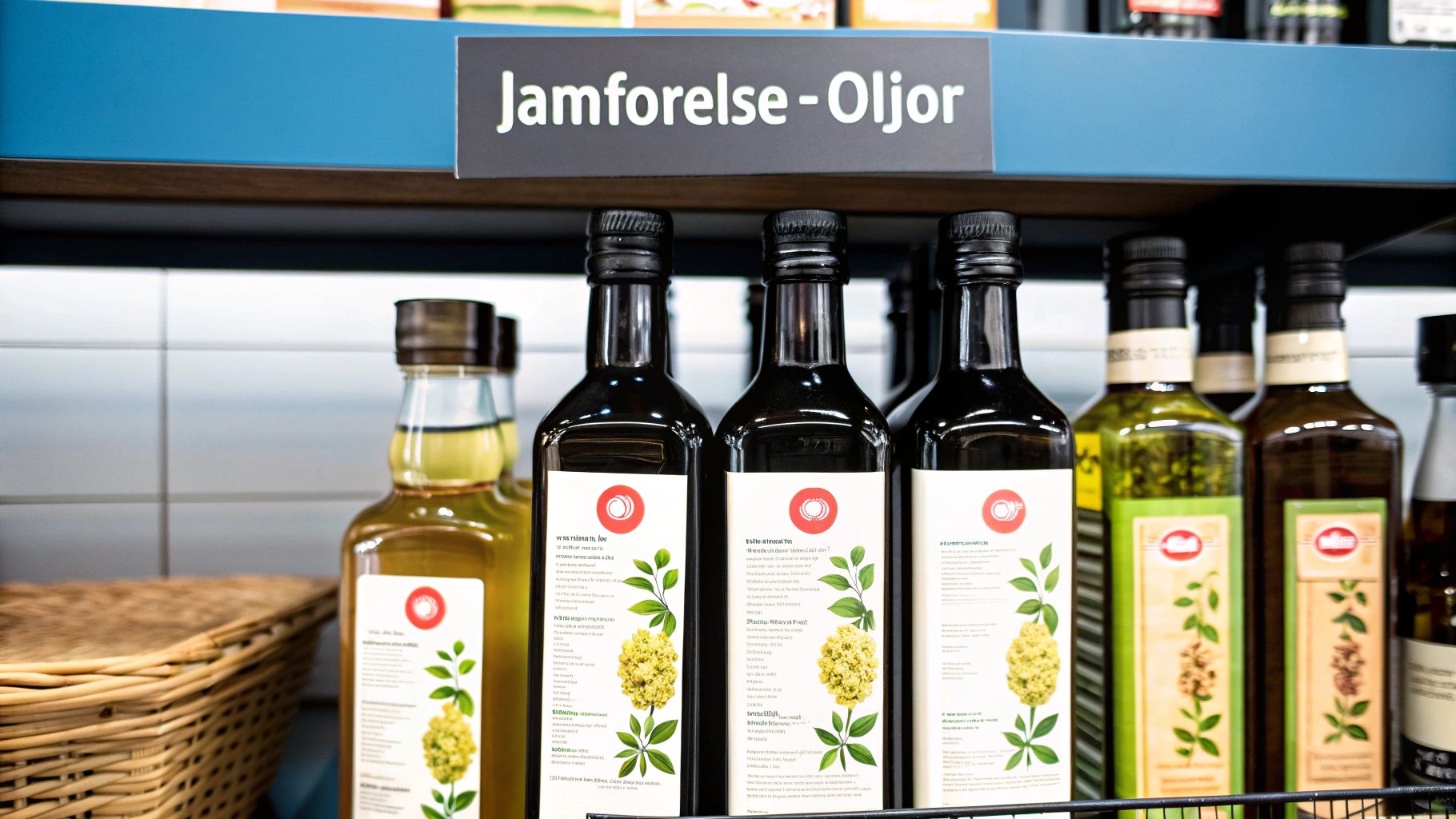 En flaska med Olivkassens grekiska olivolja bredvid en skål oliver.