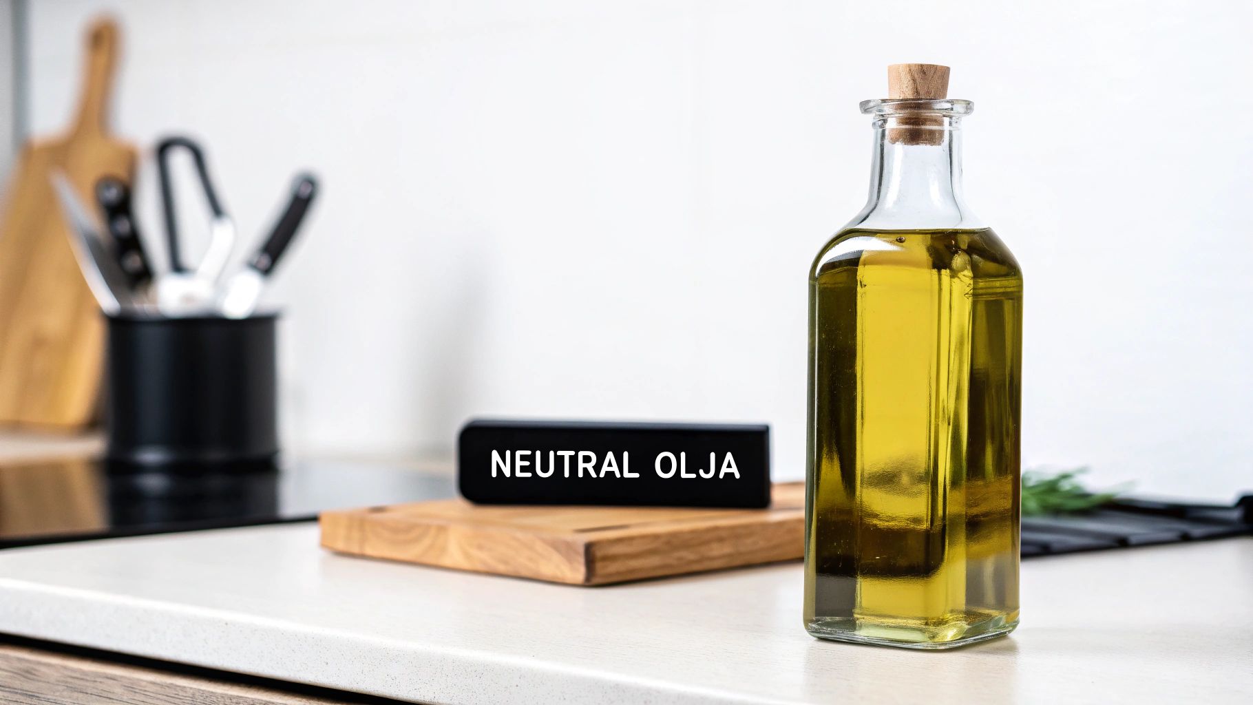 Ett urval av olika matoljor i flaskor på en köksbänk