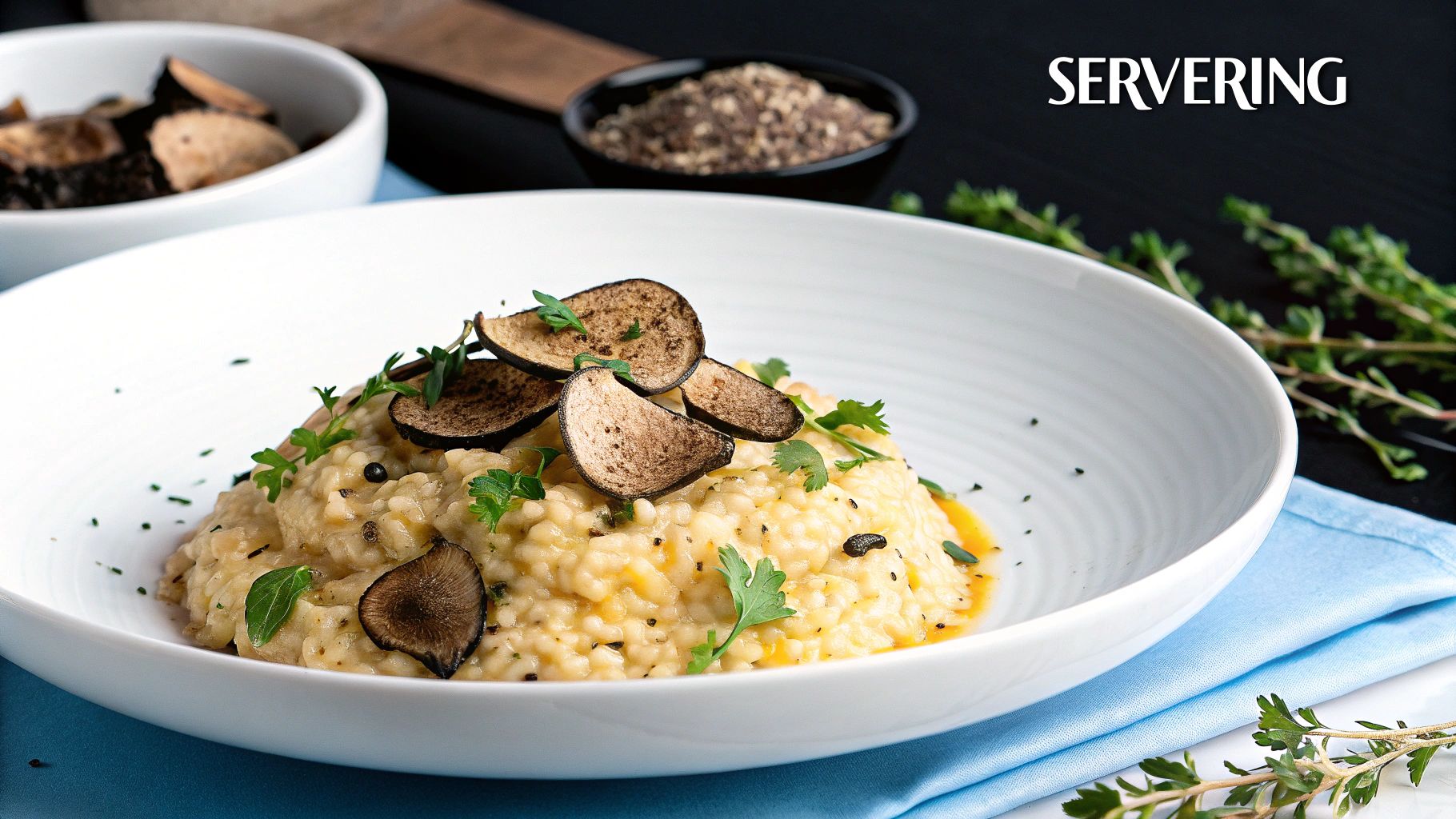 En tallrik med krämig risotto med tryffel, elegant dekorerad och redo att serveras.