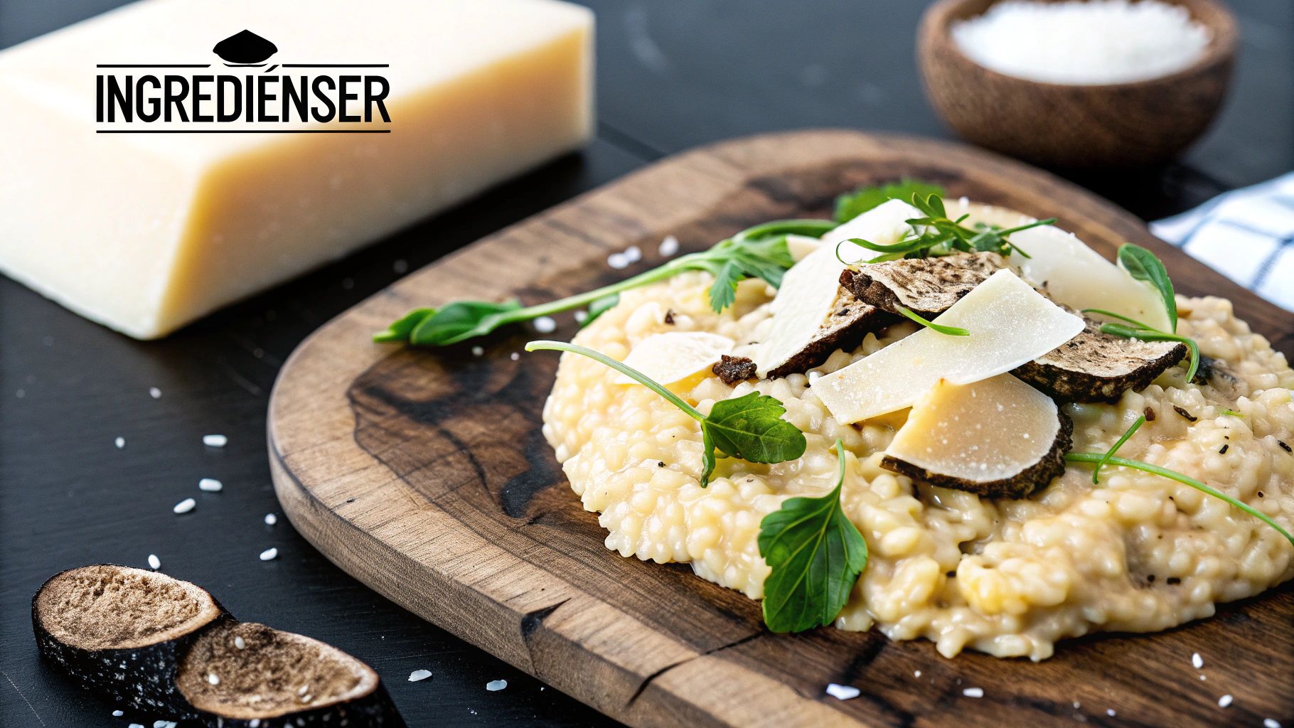 En tallrik med krämig tryffelrisotto, dekorerad med färsk tryffel och parmesanost