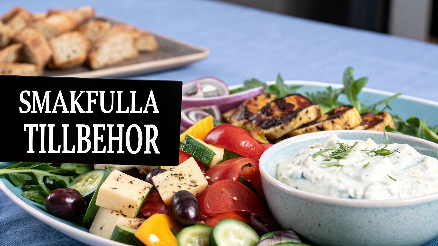 Färgglada grönsaker och en skål med tzatziki bredvid nystekt kyckling.