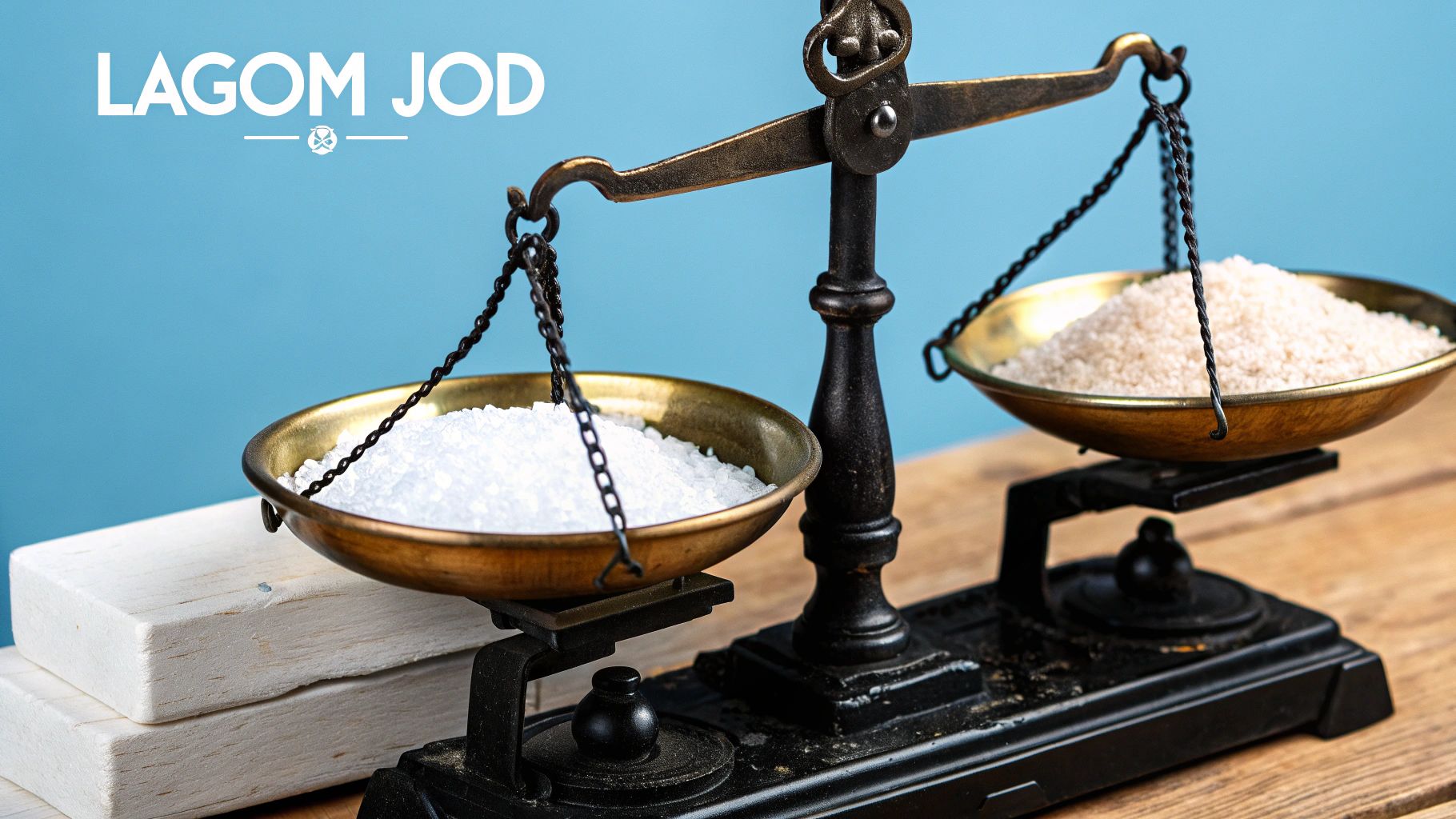 En person som balanserar två högar med salt, en stor och en liten.