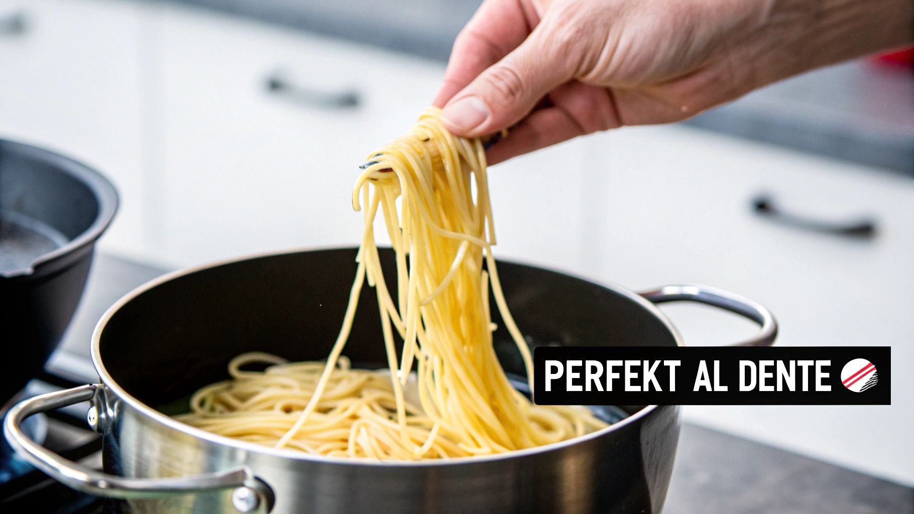 En kastrull med kokande spagetti på en spis.