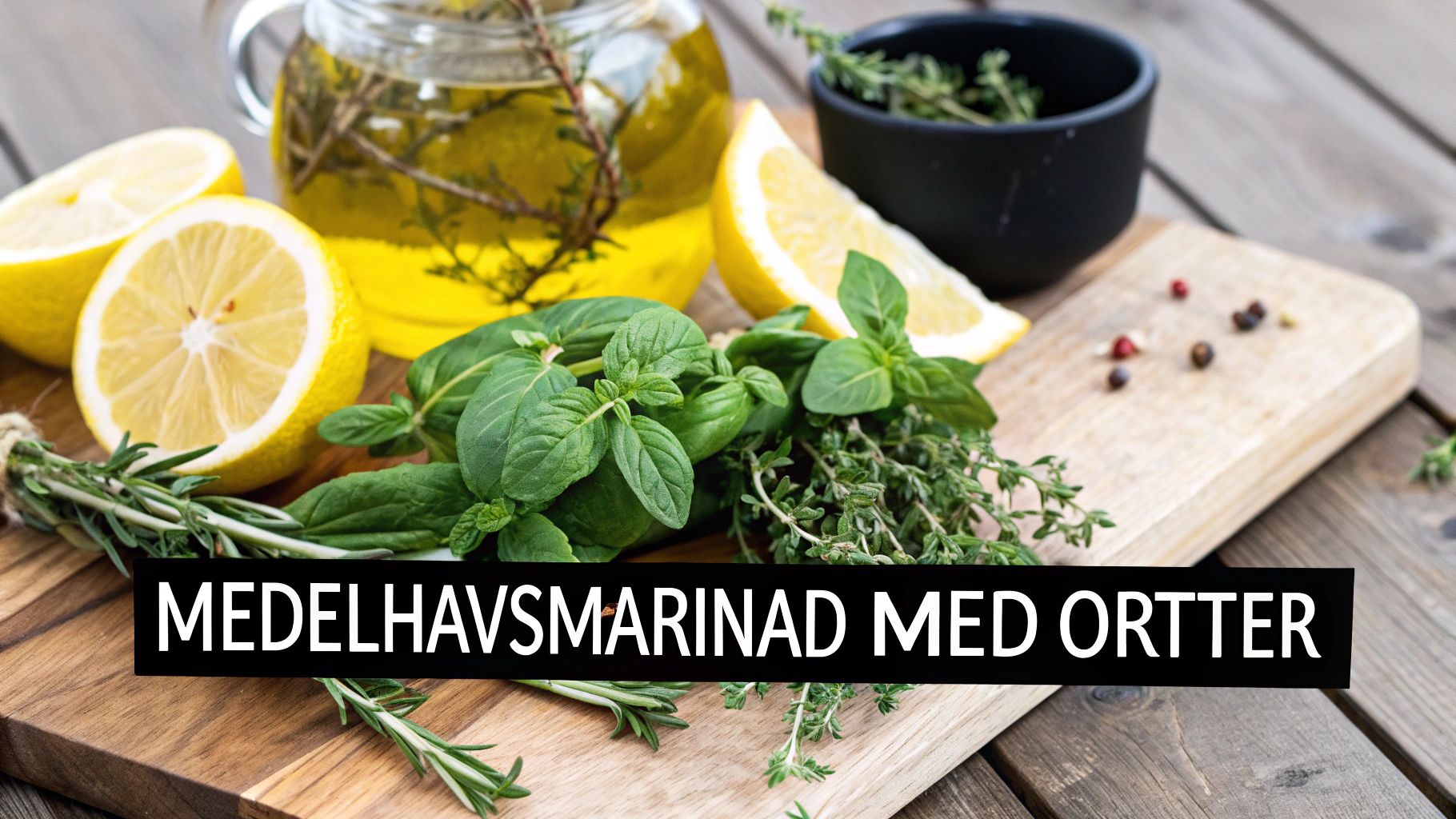 En skål med Medelhavsmarinad med färska örter och citron
