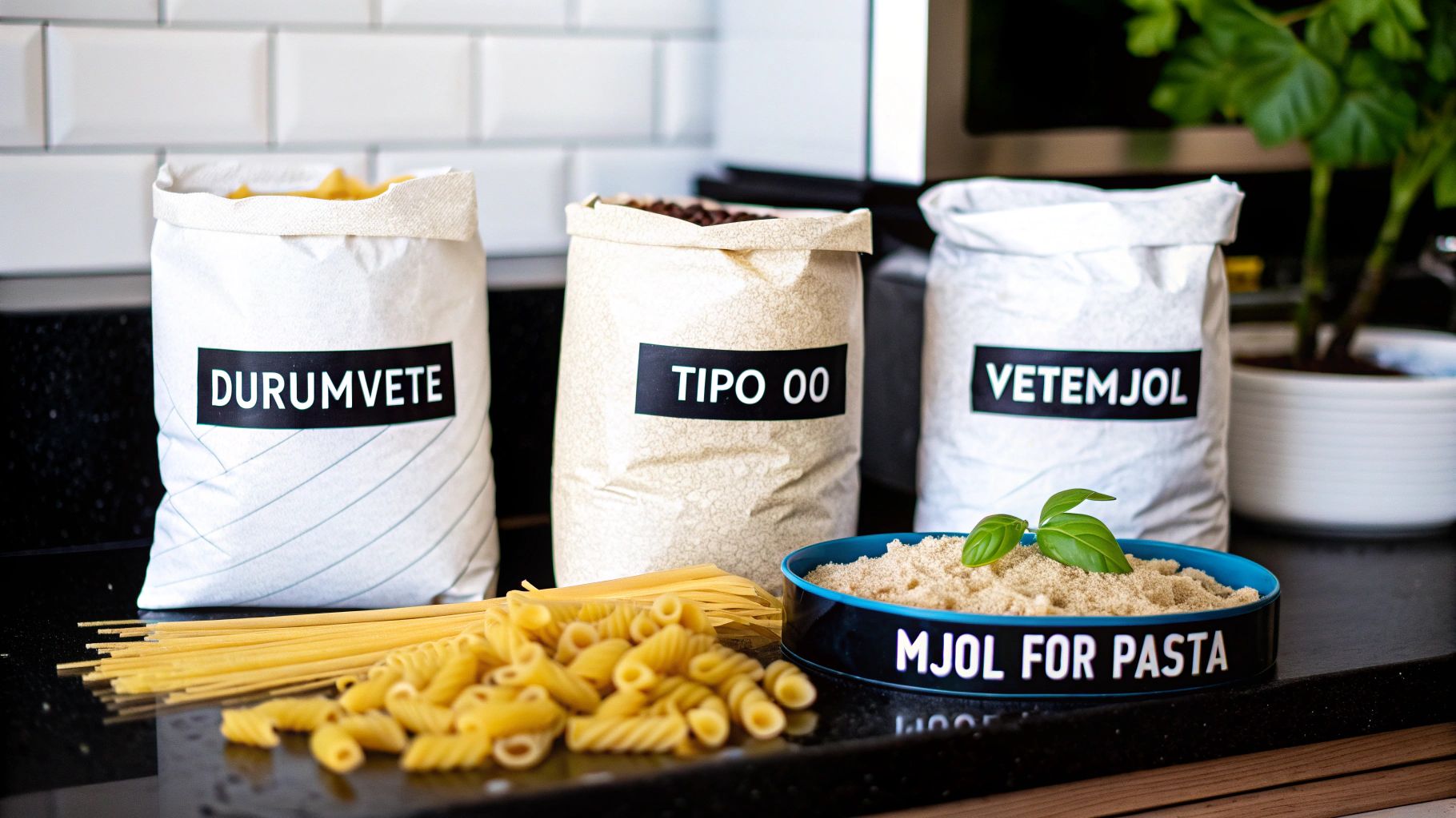 Färsk pasta som rullas på ett träbord med mjöl.