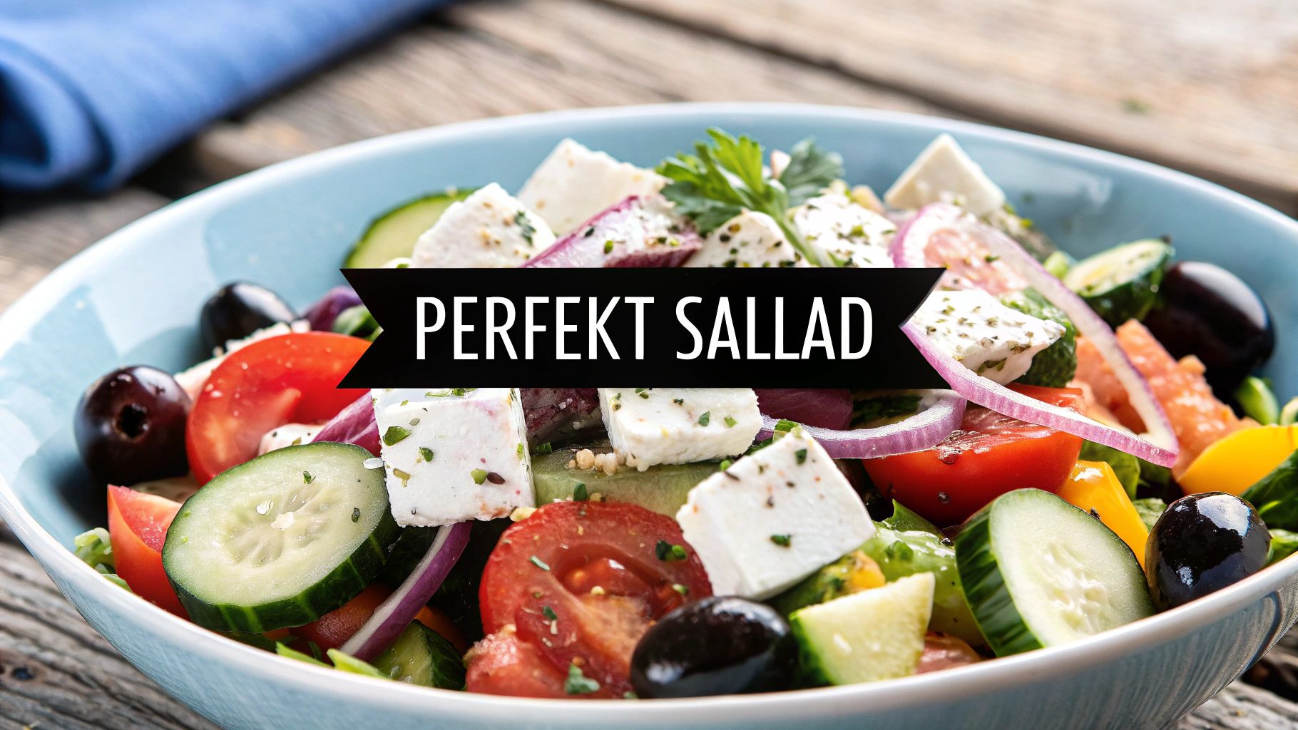 En vacker grekisk sallad med en generös mängd olivolja ringlad över fetaosten.