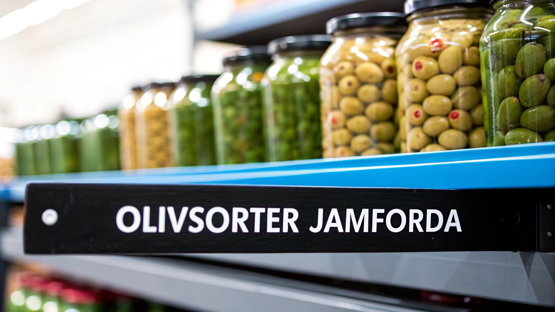 En detaljerad närbild av olika sorters gröna oliver i skålar.