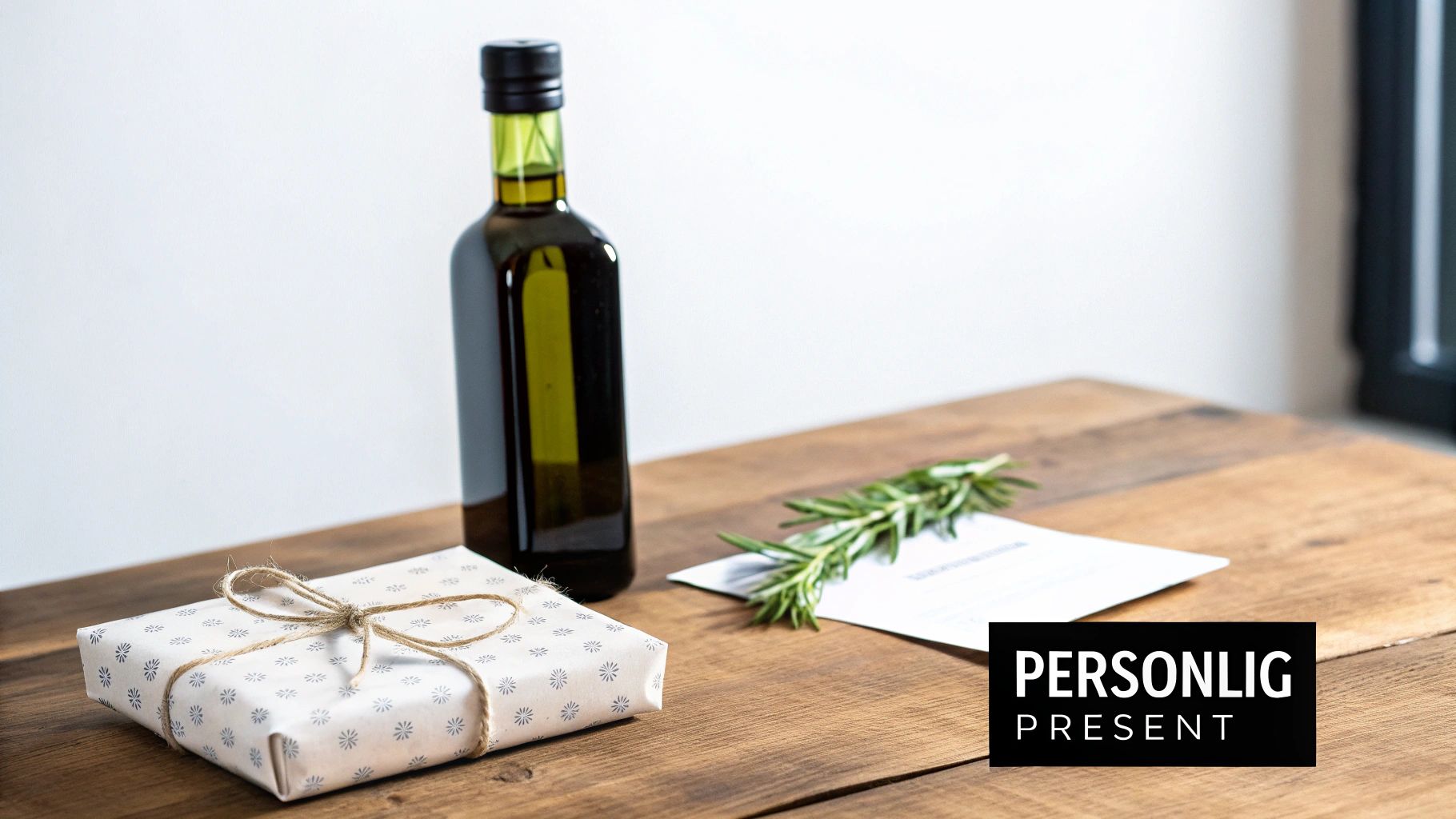 En flaska olivolja och oliver på ett rustikt träbord.