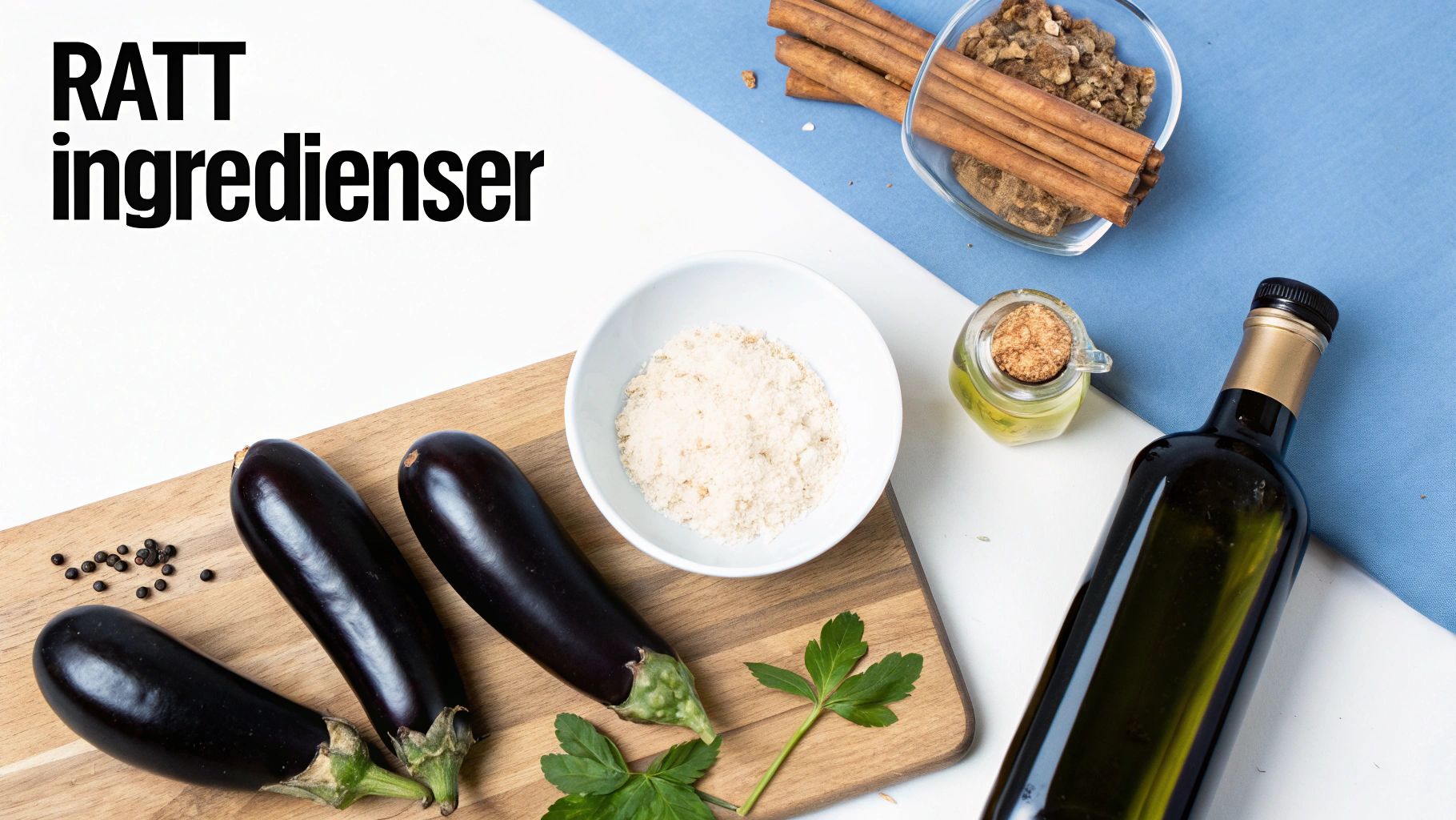 En samling färska ingredienser för moussaka, inklusive aubergine, lök, tomater, och en flaska olivolja.