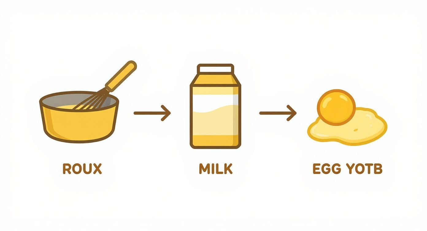 Infografik som visar processflödet för att göra béchamelsås, från roux till mjölk och äggula.