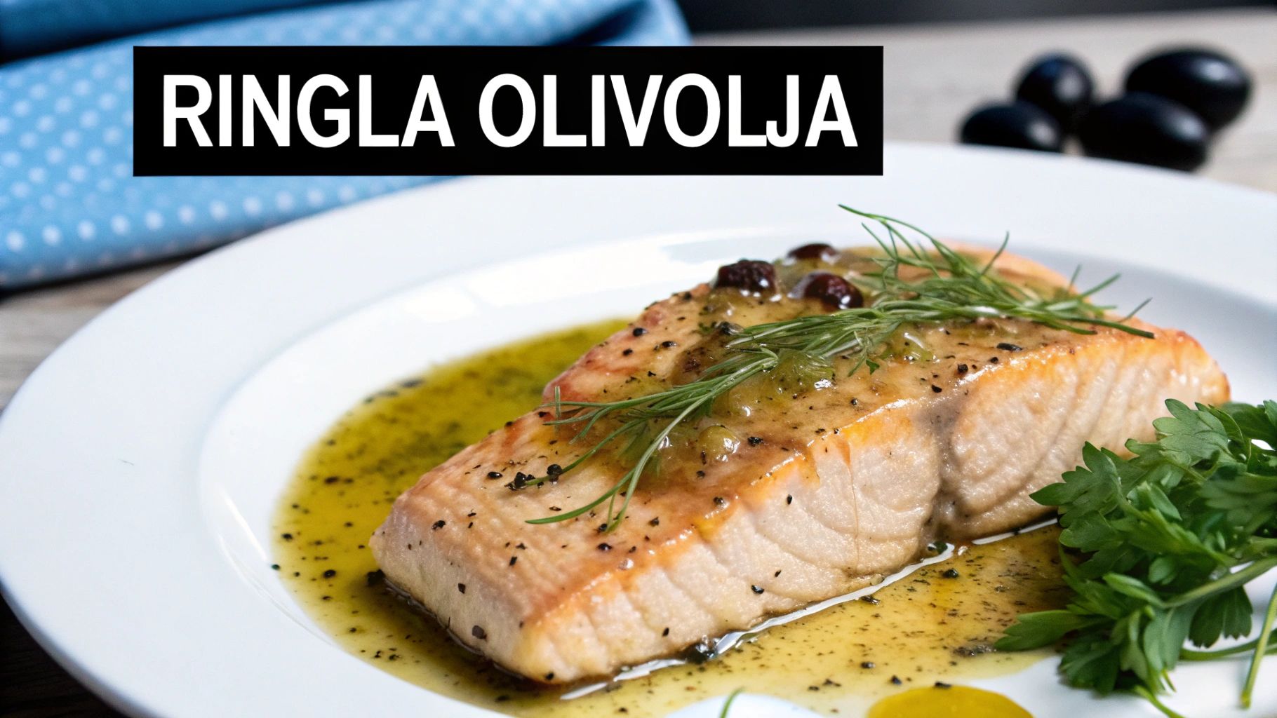 En flaska olivolja bredvid en tallrik med lax och sås.