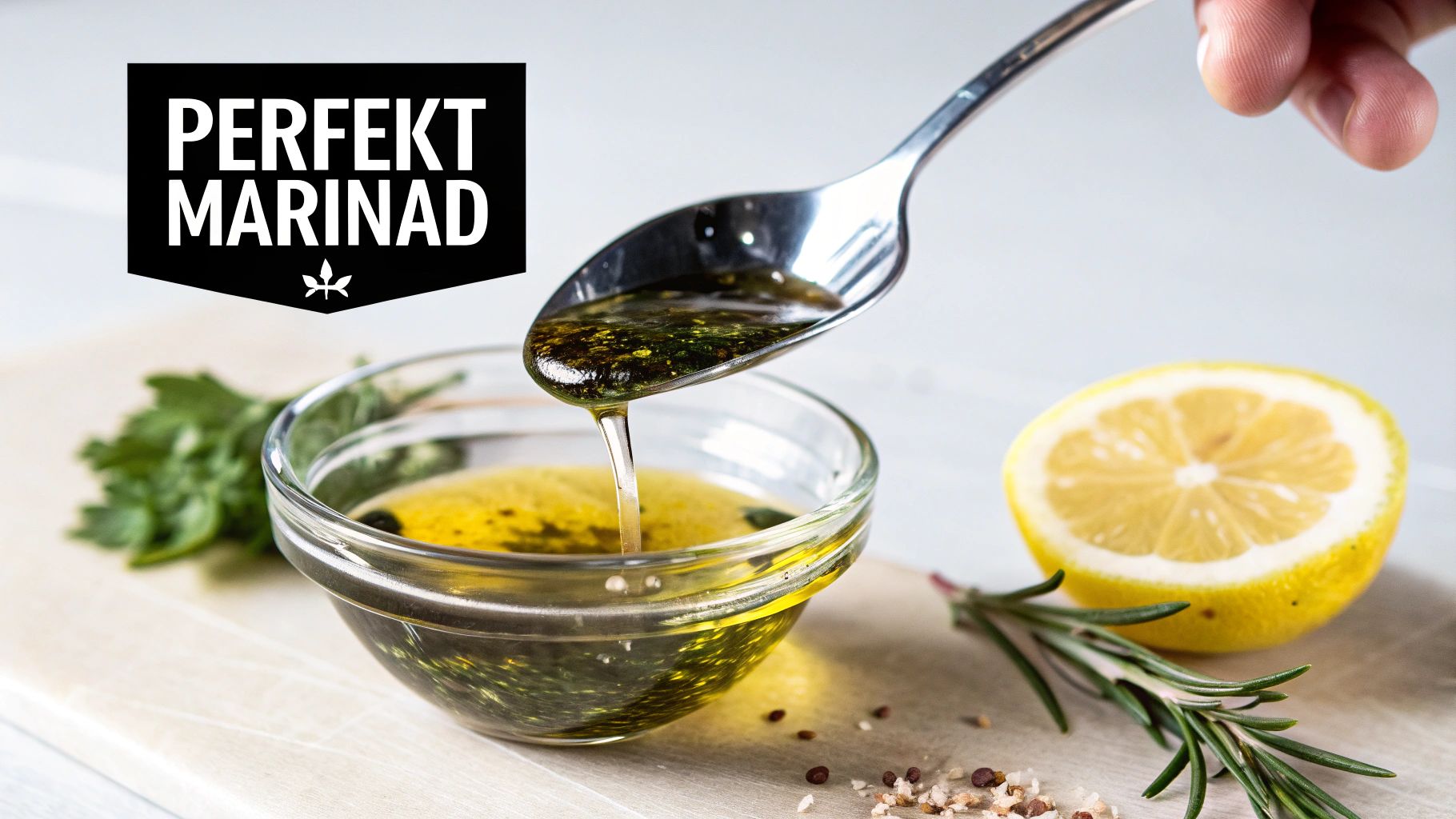 Två flaskor grekisk olivolja bredvid en skål med Santa Maria grillkrydda, färska örter och citron.