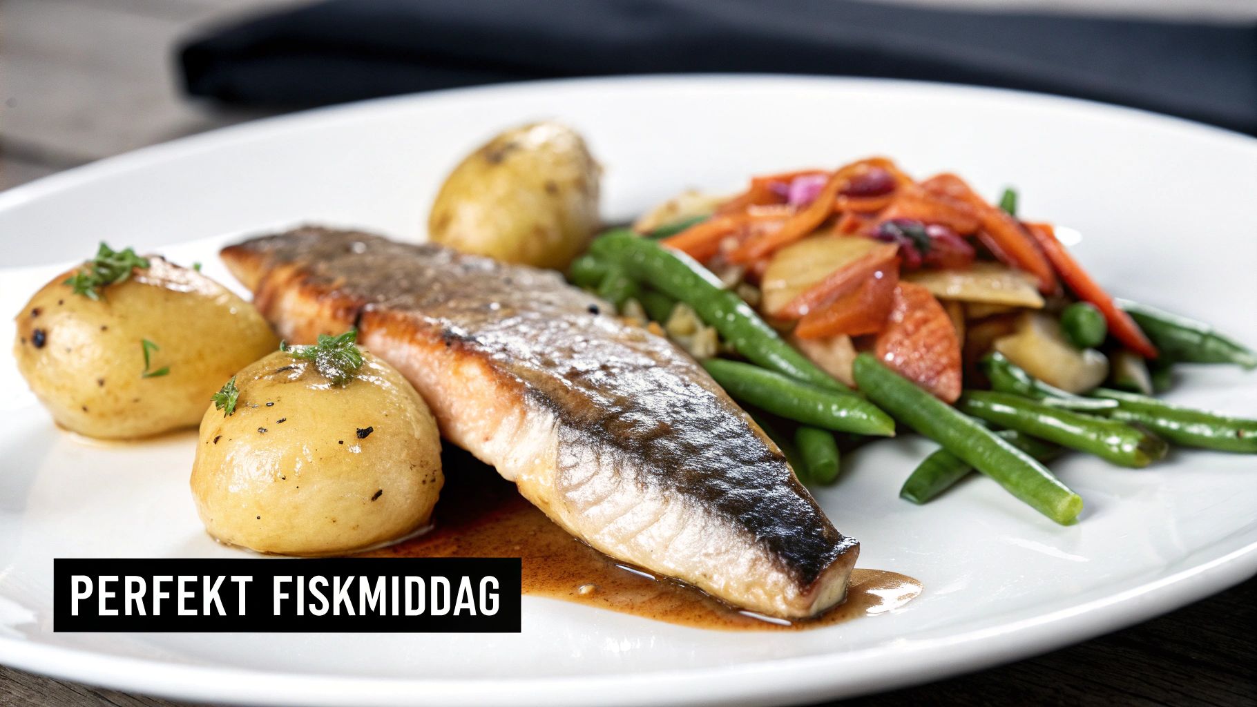 En vackert upplagd fiskrätt med sås och tillbehör på en tallrik.