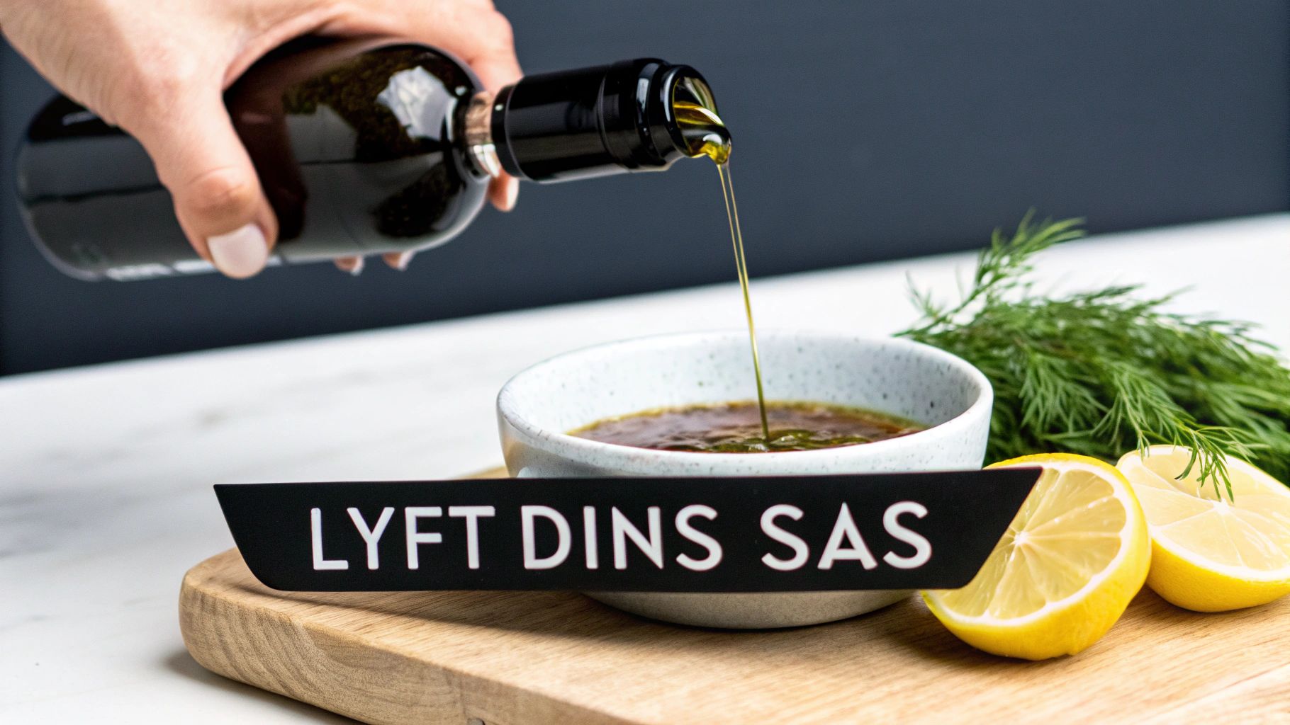 En person som ringlar olivolja över en färdig sås i en skål