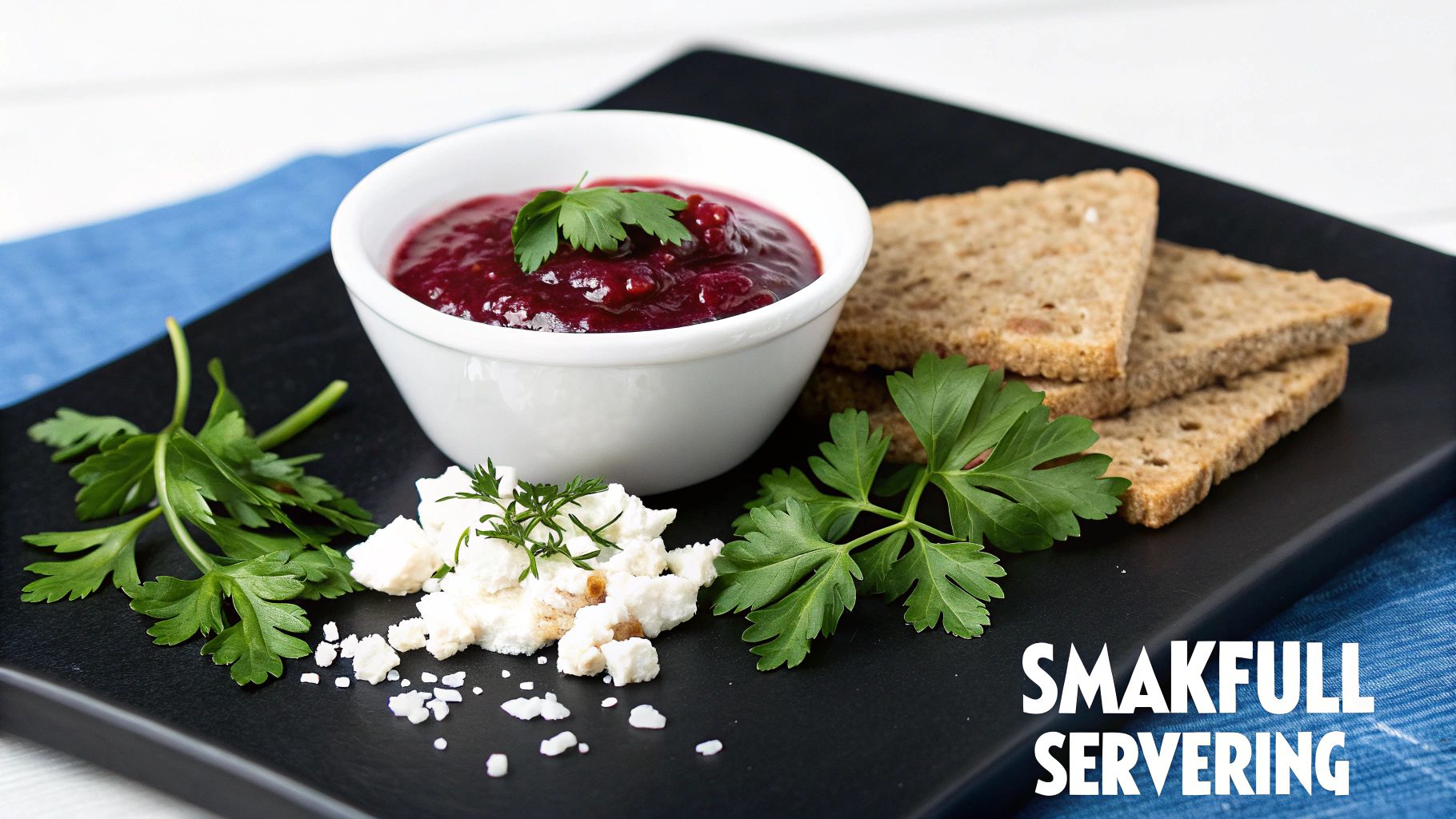 En tallrik med bönor i tomatsås serverad med färska örter och ett rustikt bröd.