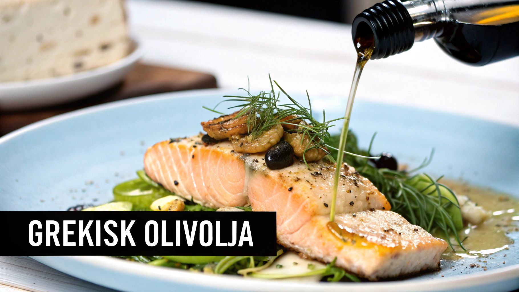 En flaska grekisk olivolja bredvid en färdig ugnsbakad lax med fänkål.