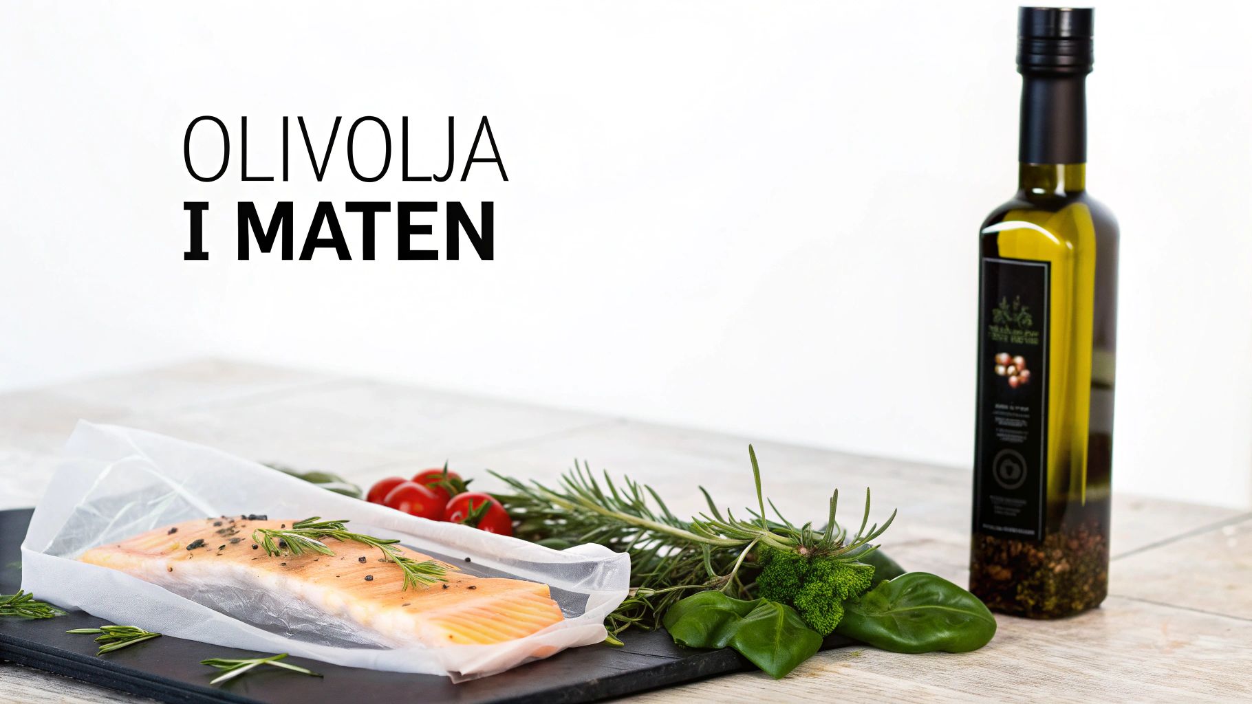 Grönsaker och örter med olivolja i en vakuumpåse.