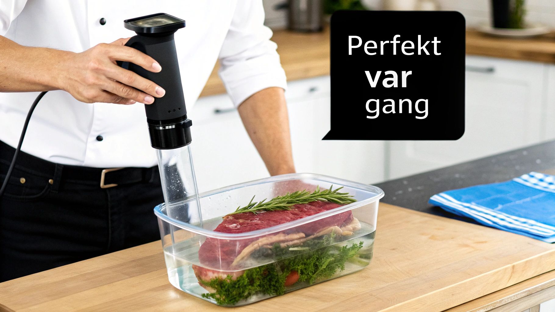 En sous vide-maskin i ett vattenbad med vakuumpackad mat.