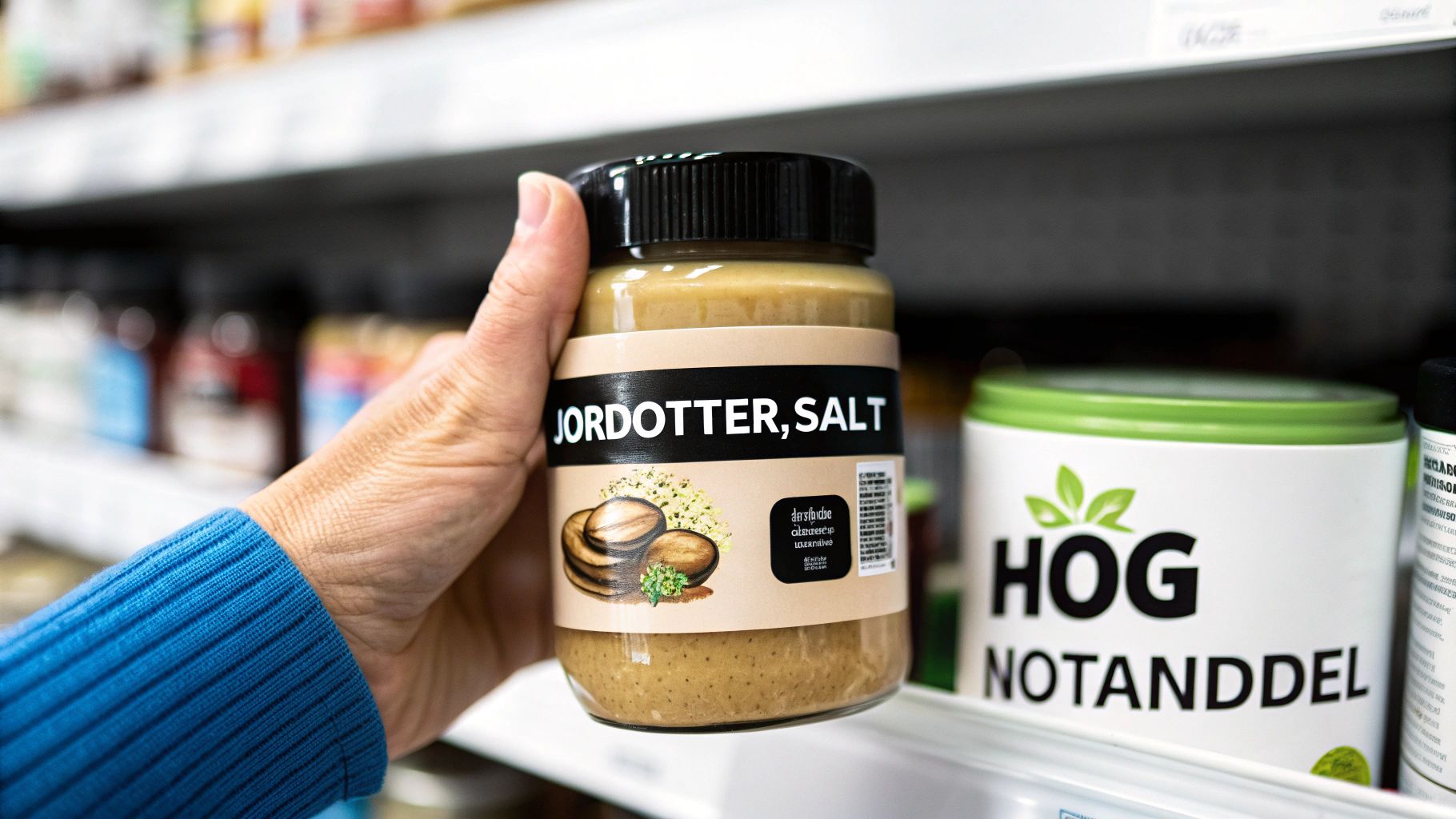 Person som läser innehållsförteckningen på en burk jordnötssmör i en matbutik.