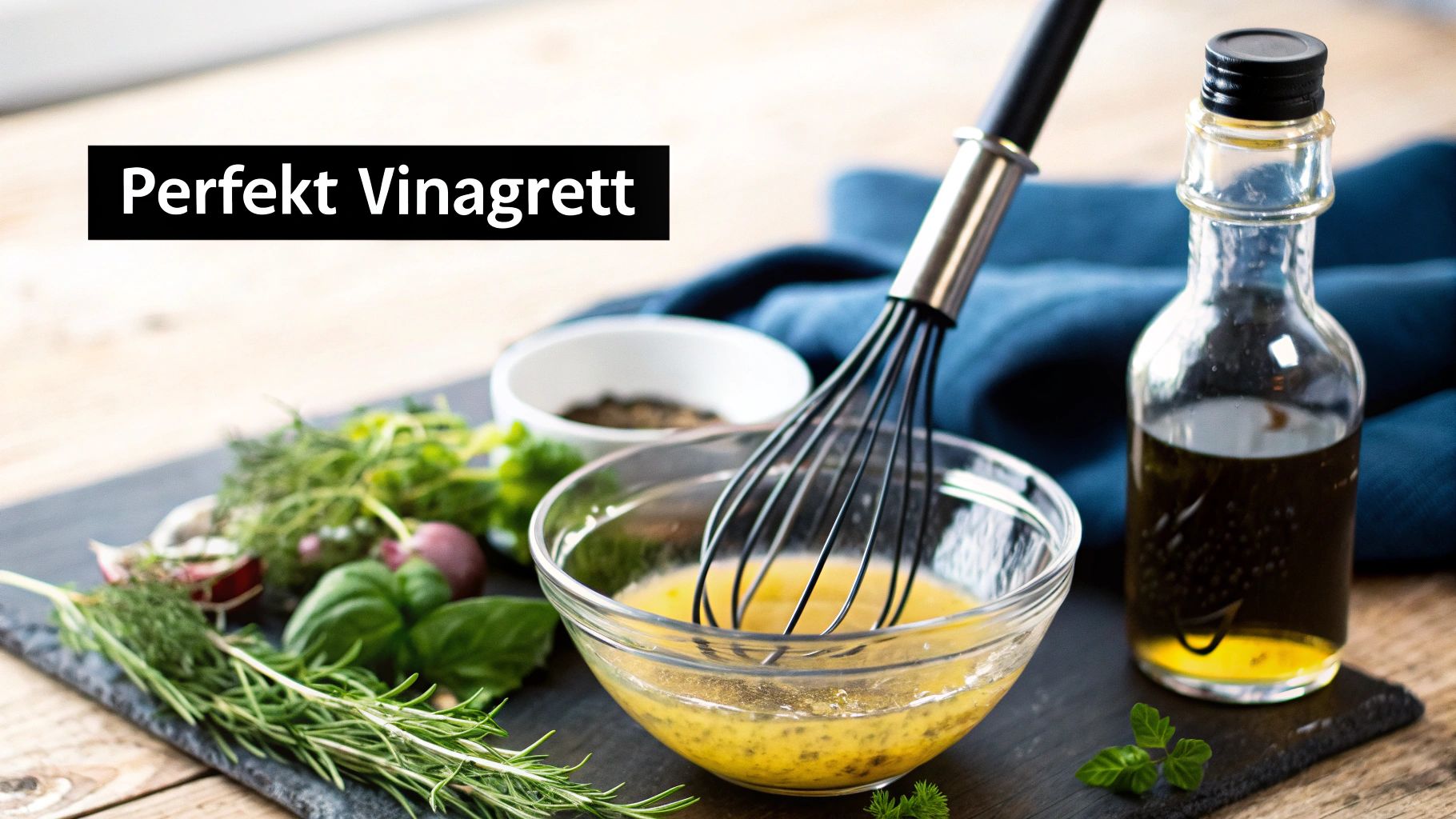 En skål med en nyligen vispad vinägrett, med en visp vilande i den, omgiven av färska örter.