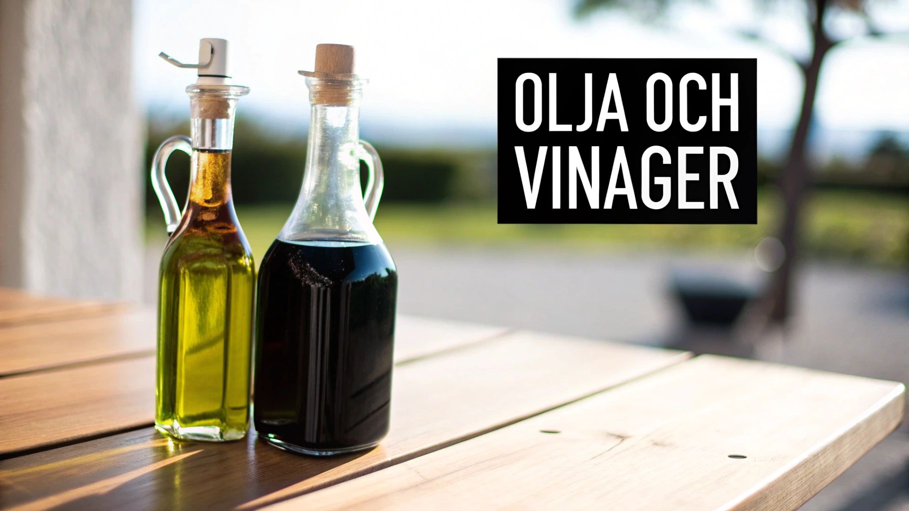 En flaska olivolja och en flaska vinäger bredvid varandra på en rustik träyta.