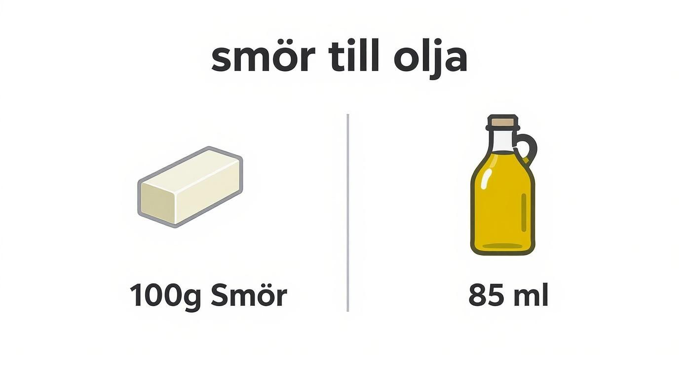 Infographic som visar att 100 gram smör motsvarar 85 ml olja.