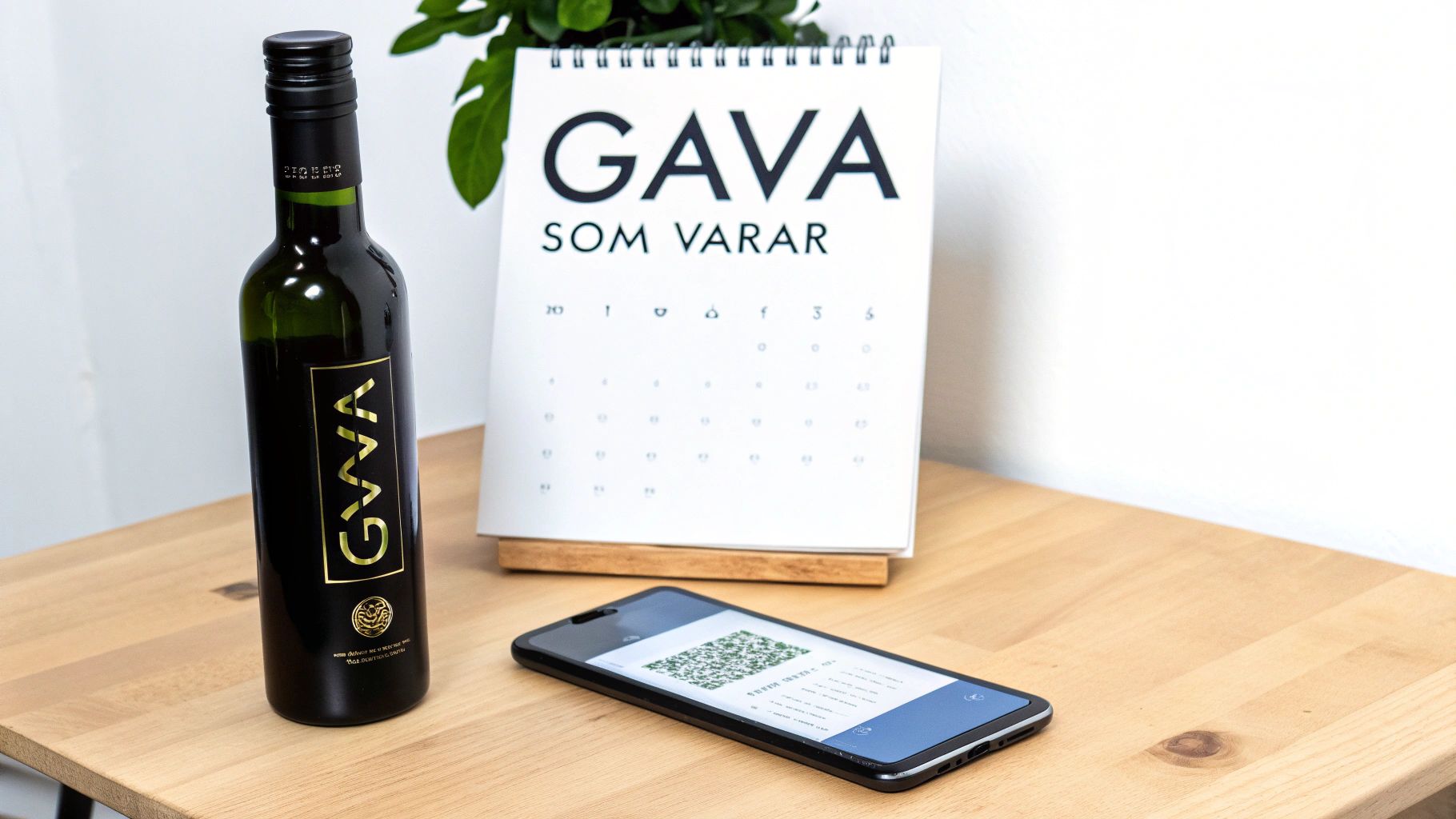 Olivoljeflaske med GAVA-etikett, kalender med texten 'GAVA SOM VARAR' och mobiltelefon med QR-kod på träbord