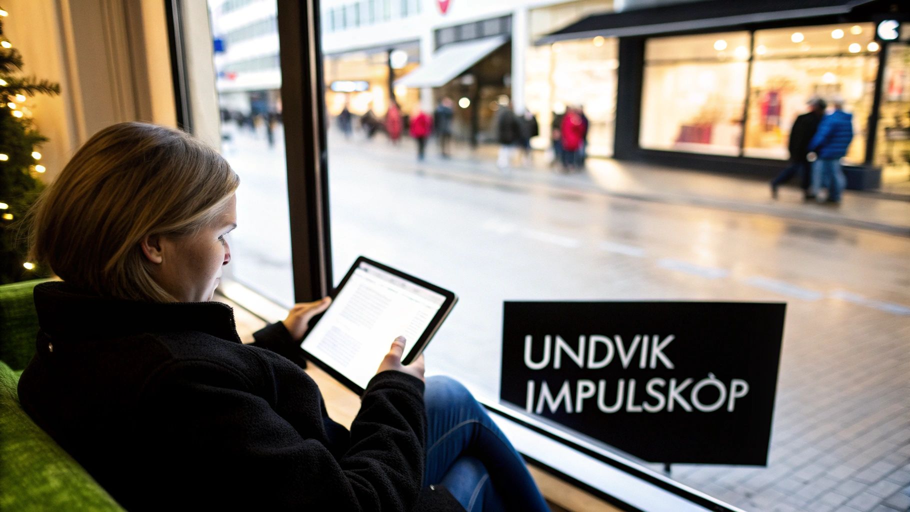 Kvinna läser surfplatta i köpcentrum vid skylt med texten Undvik Impulsköp under julhandeln