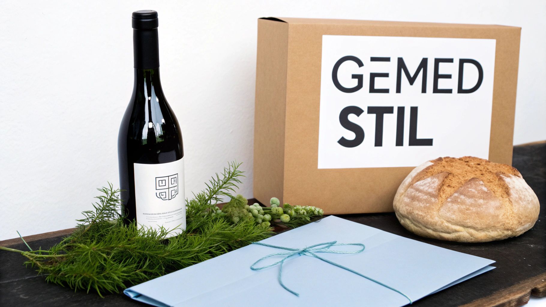 Presentkorg med vinflaska, nybakat bröd, gröna växter och etikett med texten Gämed Stil