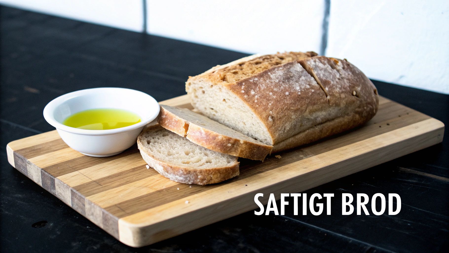 Nybakat saftigt bröd serverat på skärbräda med olivolja i vit skål bredvid