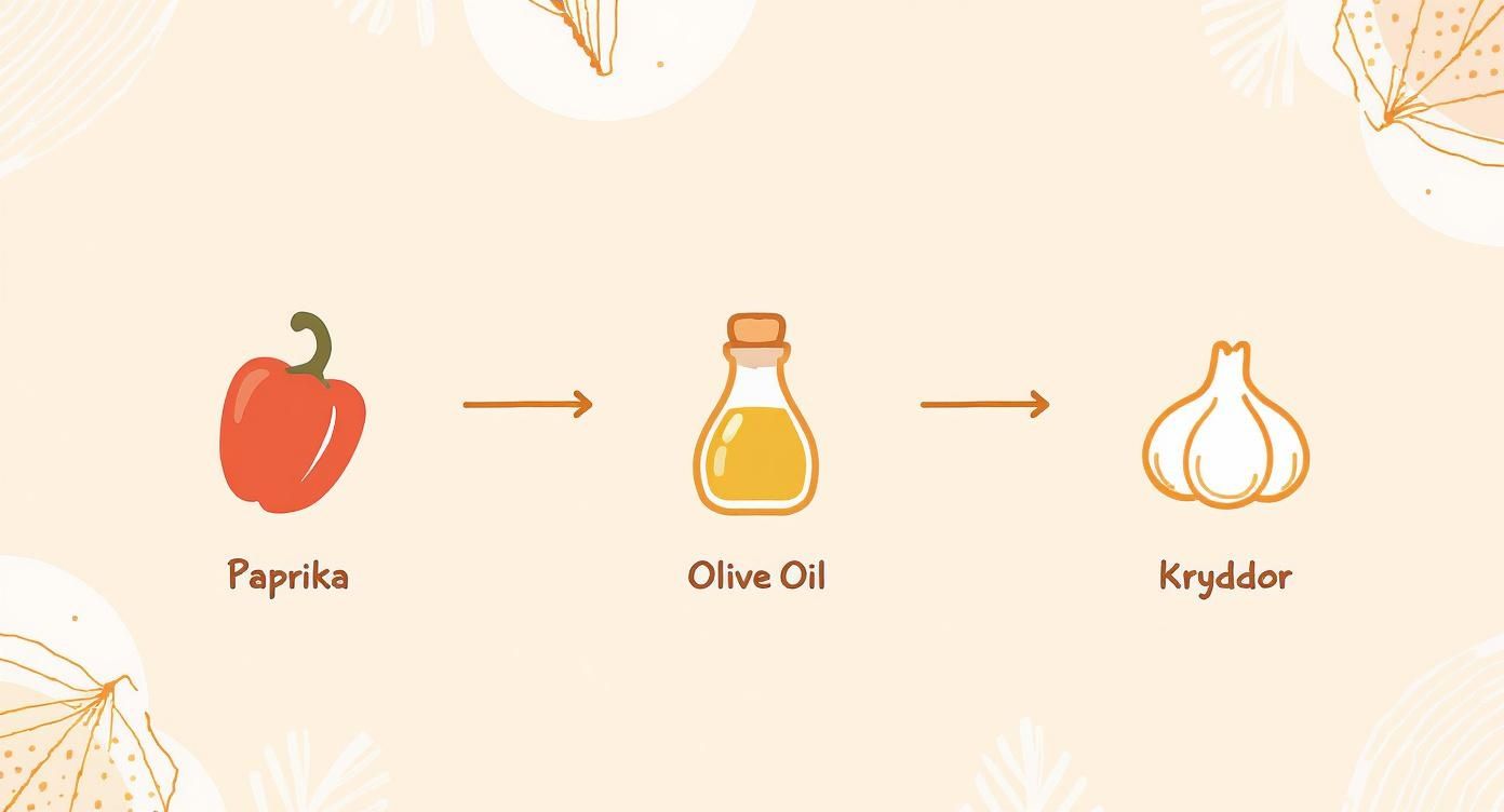 Illustrerad process som visar paprika, olivolja och kryddblandning för att göra grillad paprika i olja
