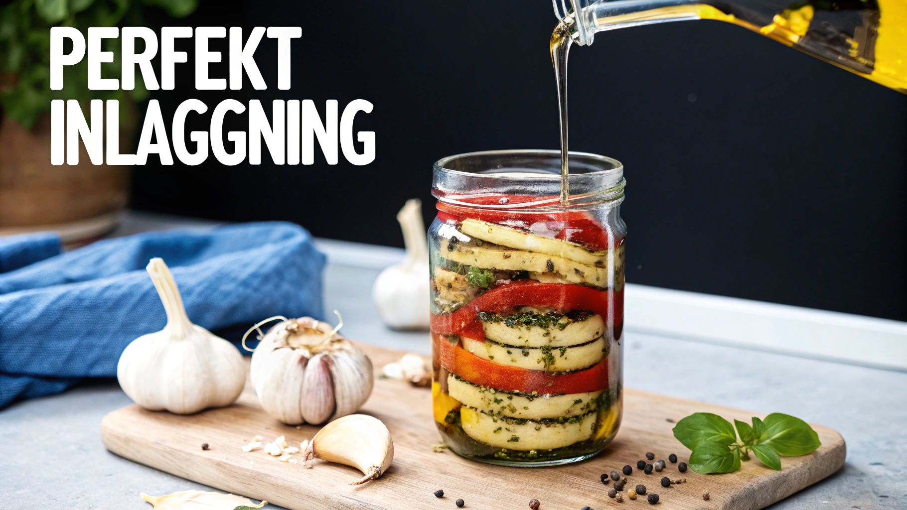 Inlagd grillad paprika och zucchini i glasburk med örter och olivolja hälls över