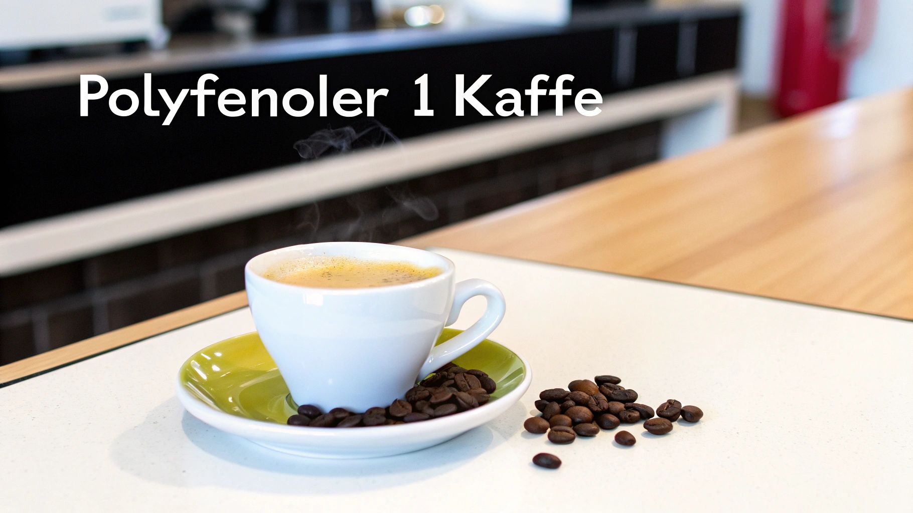 Vit kaffekopp med ångande kaffe på grönt fat omgiven av kaffebönor innehållande polyfenoler