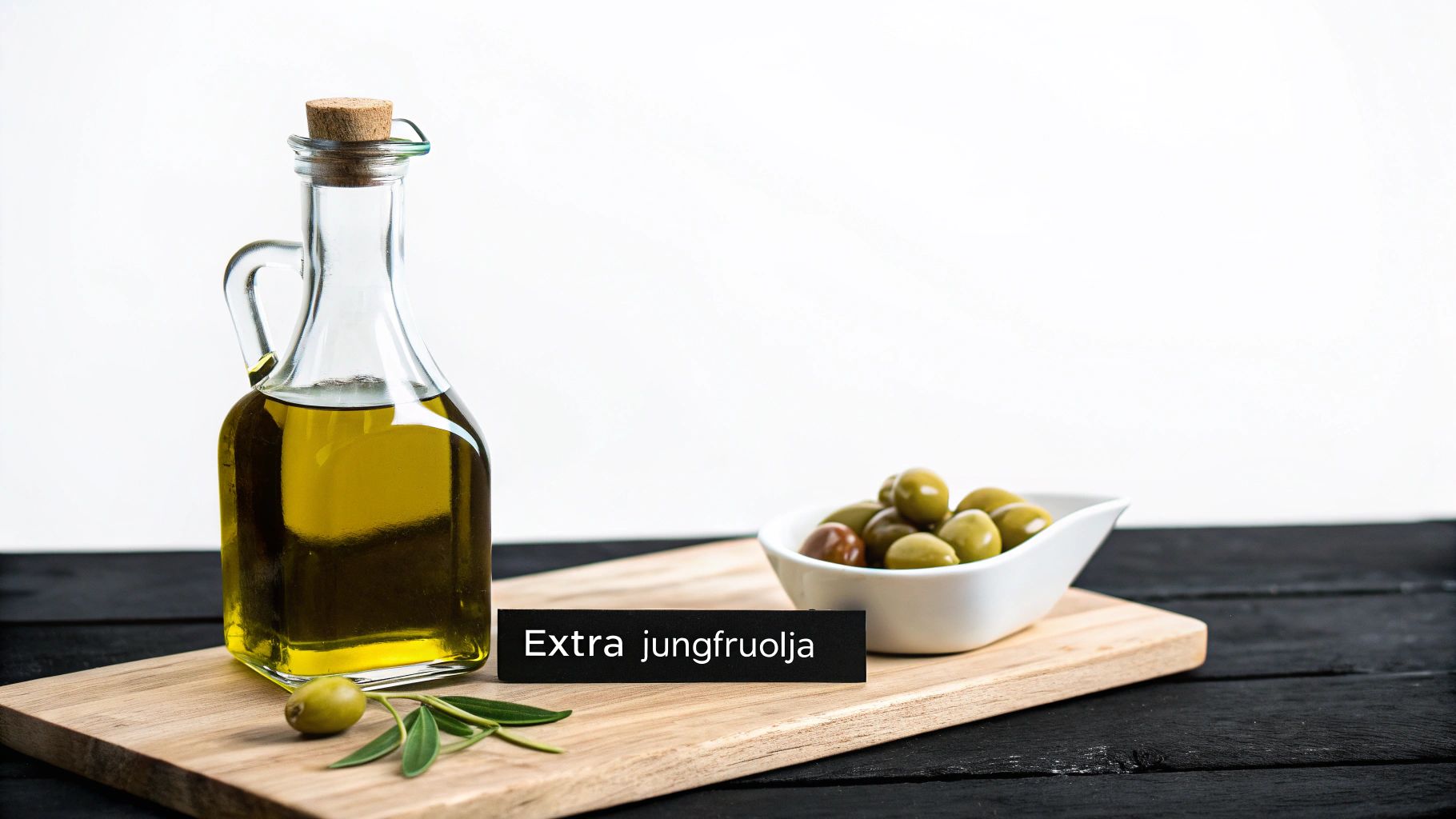 Extra jungfruolja i glasflaska med korkpropp bredvid oliver på träbricka, rustik presentation