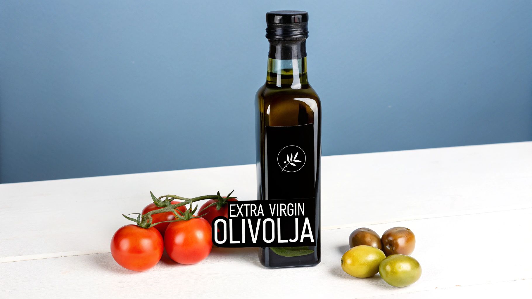 En flaska extra virgin olivolja med tomater och oliver på en vit träyta mot en blå bakgrund.