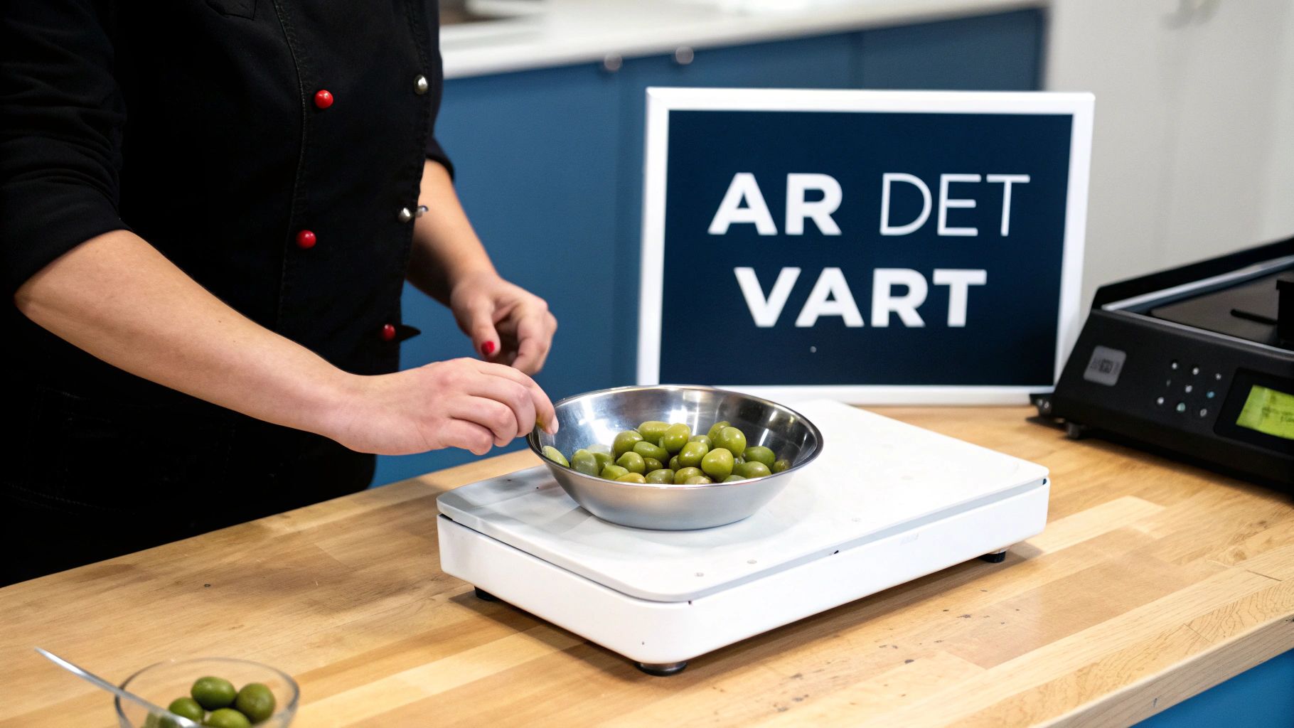 En person i kockrock väger gröna oliver i en metallskål på en vit köksvåg.