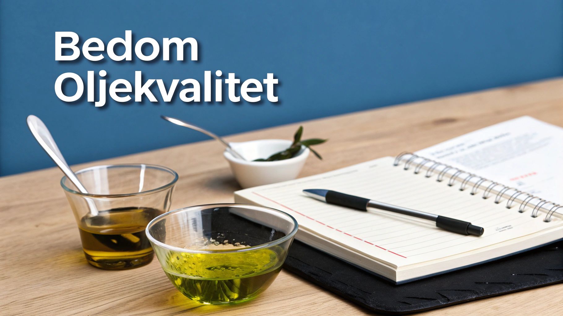 Bord med två skålar olivolja, skedar, anteckningsbok och penna, illustrerar bedömning av oljekvalitet.