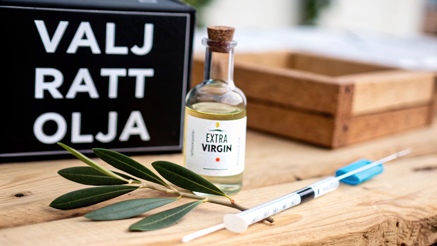 Flaska extra jungfruolivolja, olivkvist och skylt 'VÄLJ RÄTT OLJA' på träbord.