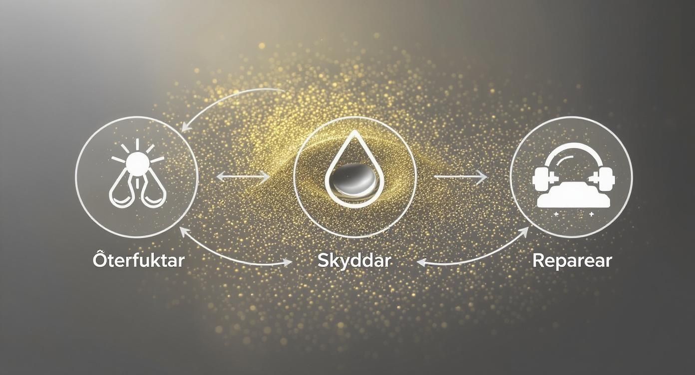 Processdiagram som visar tre steg: återfuktning, skydd och reparation, med glittrande gyllene partiklar.