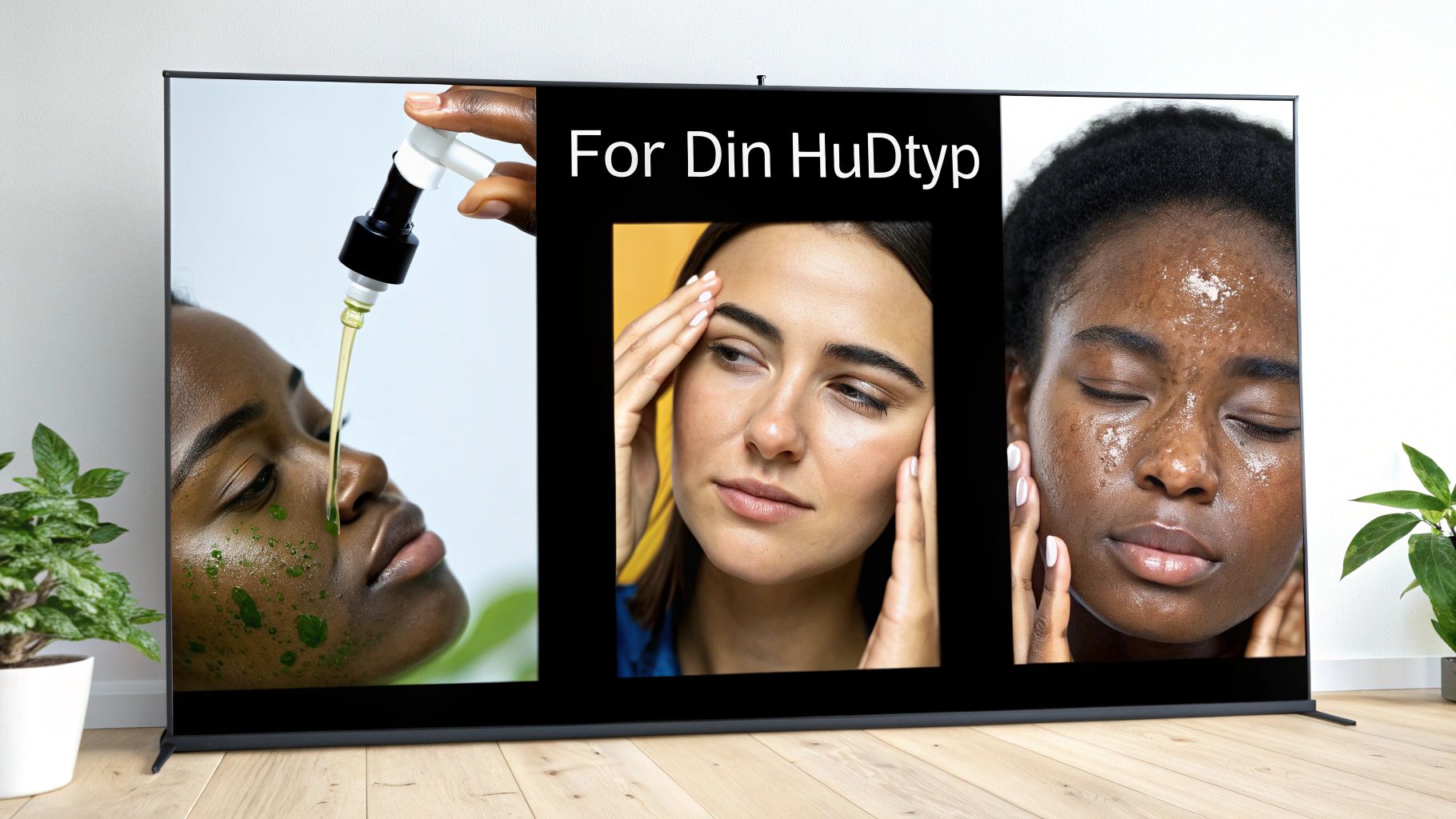 En skärm visar tre bilder med fokus på hudvård och olika ansiktsbehandlingar med olja och mask.